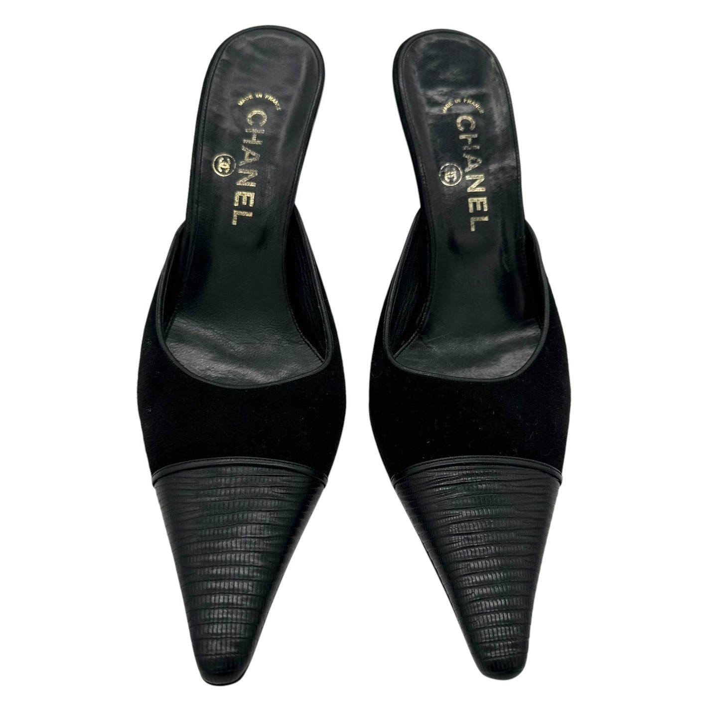 Chanel Black Suede & Lizard Pointed Toe Mule Heels