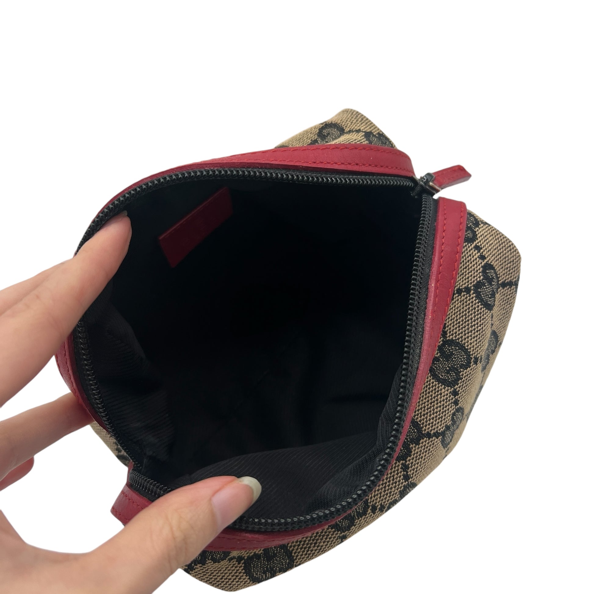 Gucci Gray Monogram & Red Trim Small Cosmetic Bag - Outfit Repeater