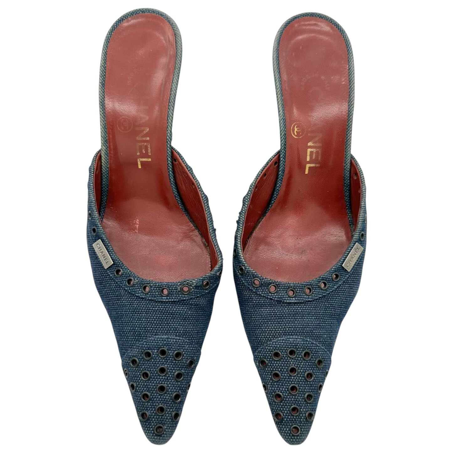 Chanel Blue Denim & Rivets Pointed Toe Heeled Mules