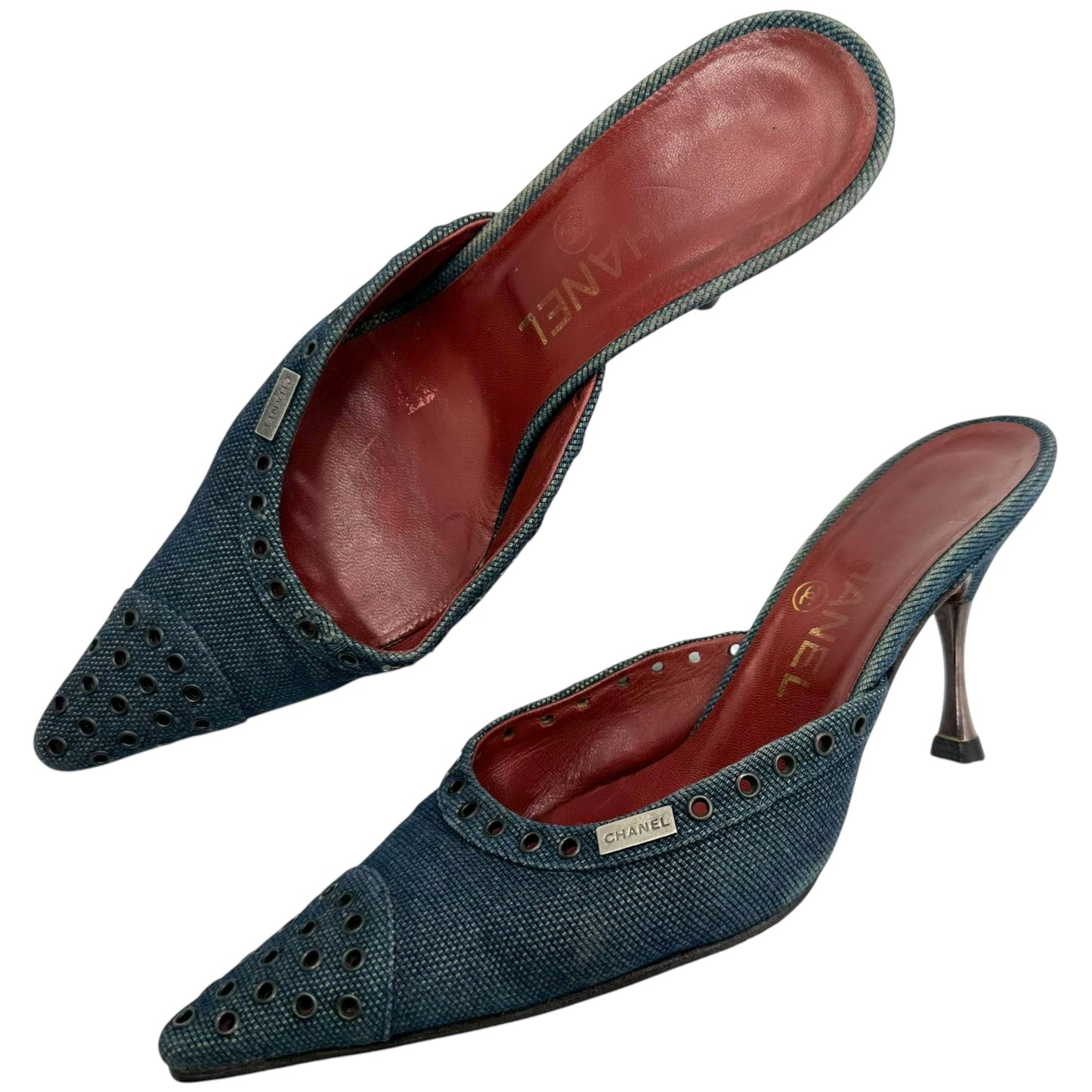 Chanel Blue Denim & Rivets Pointed Toe Heeled Mules