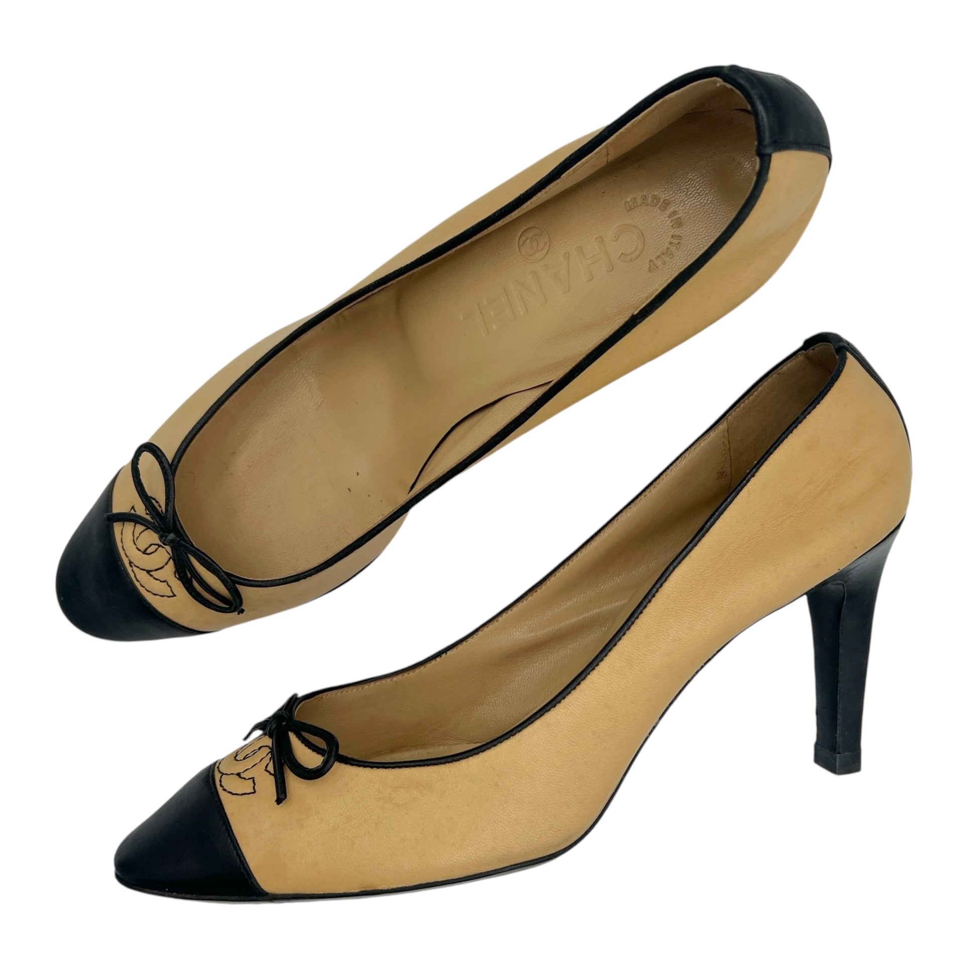 Chanel Tan & Black Lambskin Logo Ballet Heels - Outfit Repeater
