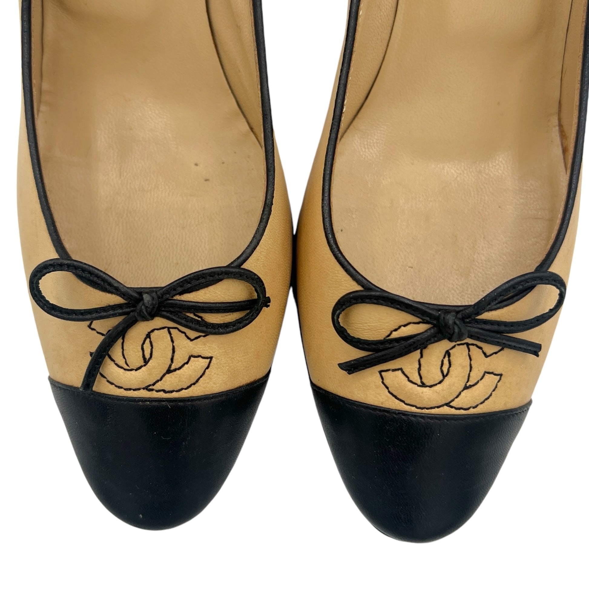 Chanel Tan & Black Lambskin Logo Ballet Heels - Outfit Repeater