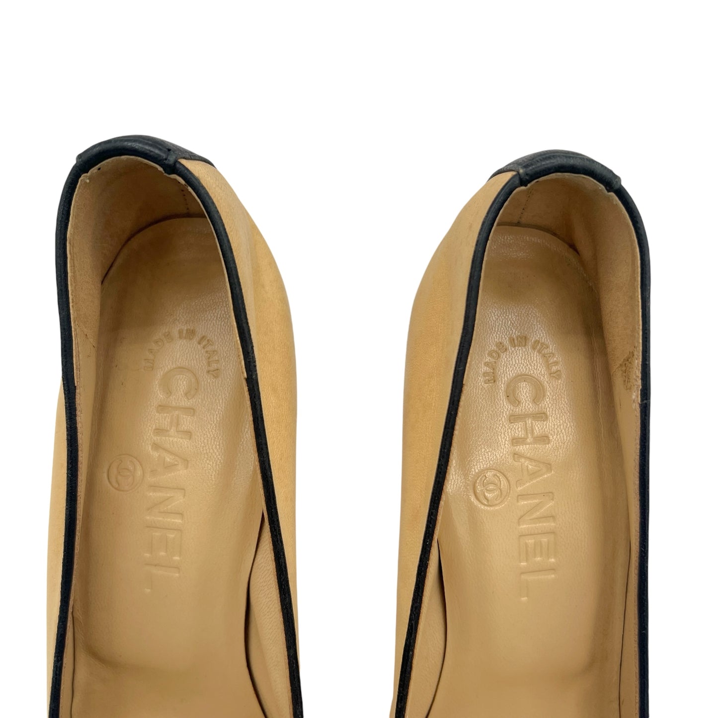 Chanel Tan & Black Lambskin Logo Ballet Heels - Outfit Repeater