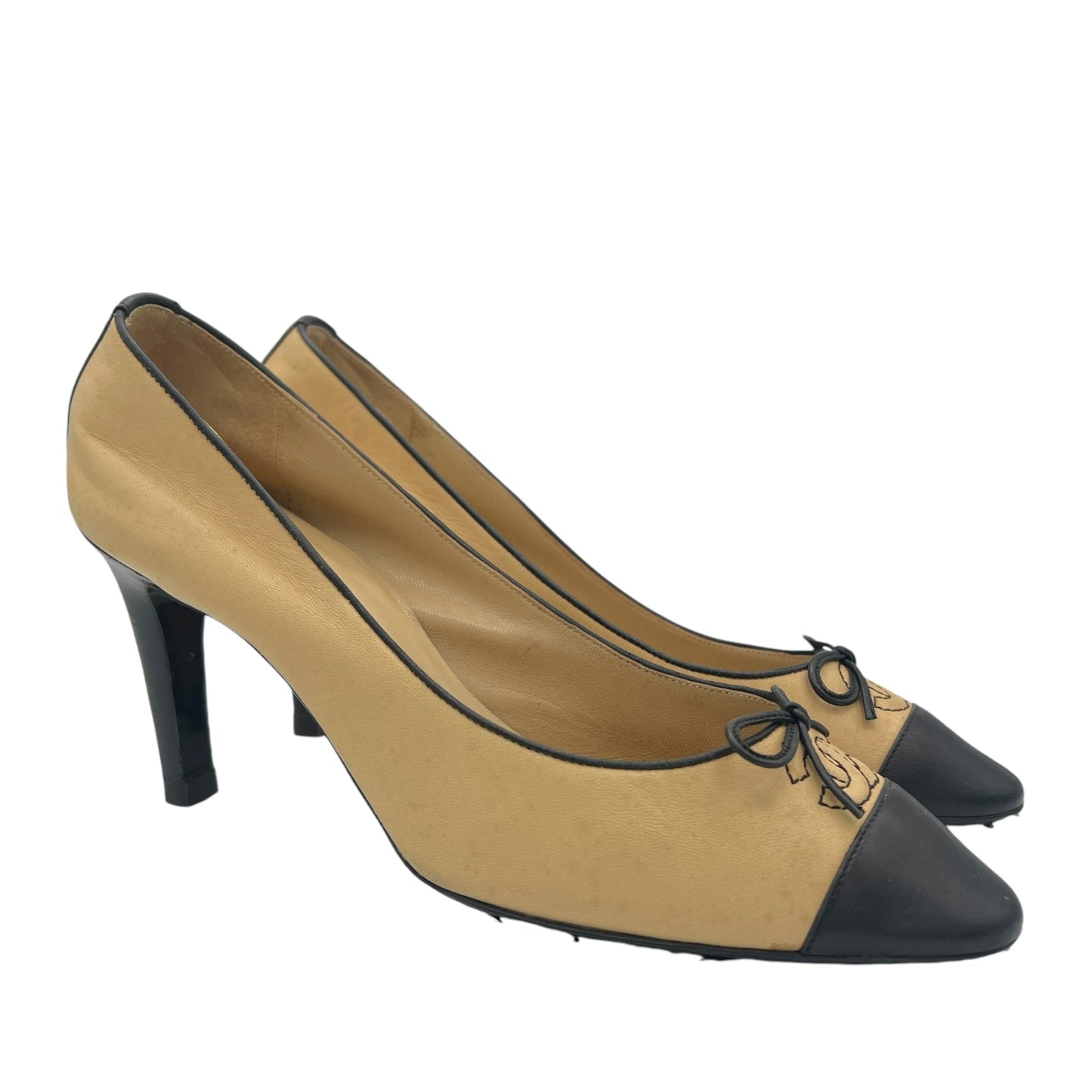 Chanel Tan & Black Lambskin Logo Ballet Heels - Outfit Repeater