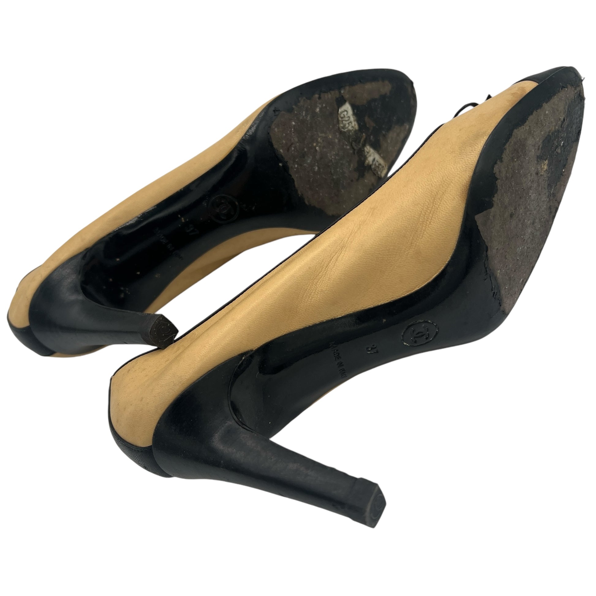 Chanel Tan & Black Lambskin Logo Ballet Heels - Outfit Repeater