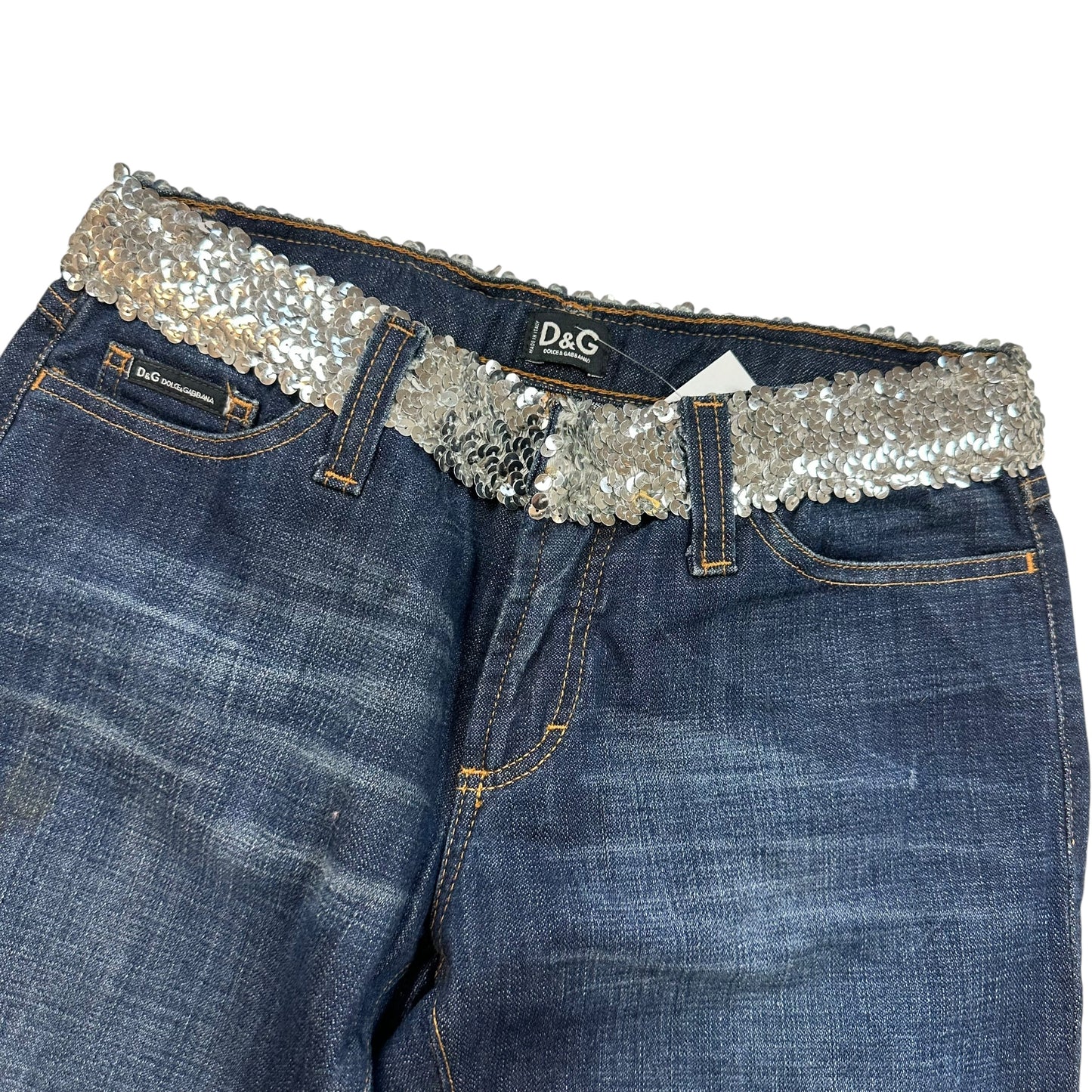 D&G Dolce & Gabbana Silver Sequin Logo Jeans