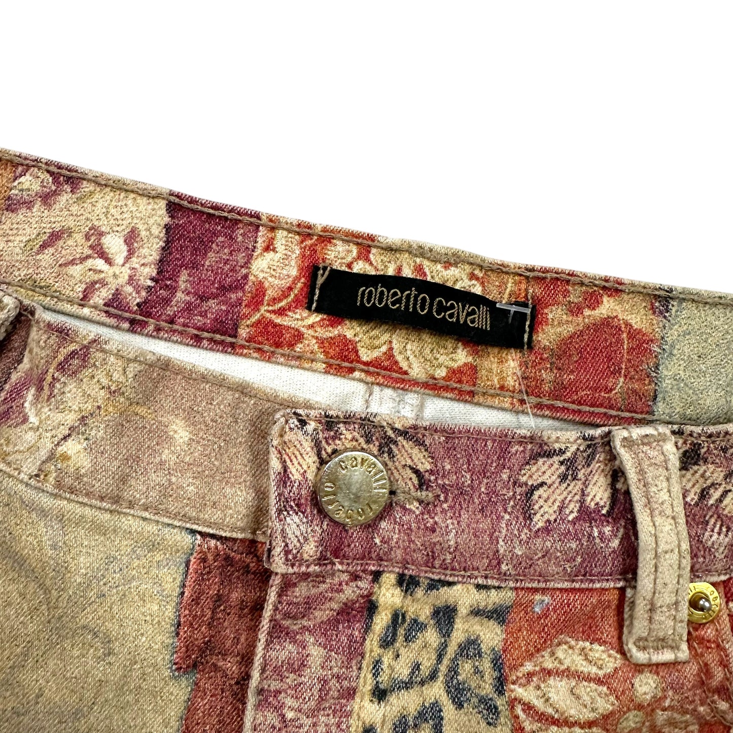 Roberto Cavalli 2005 Patchwork Printed Jeans w/ Suede Patches