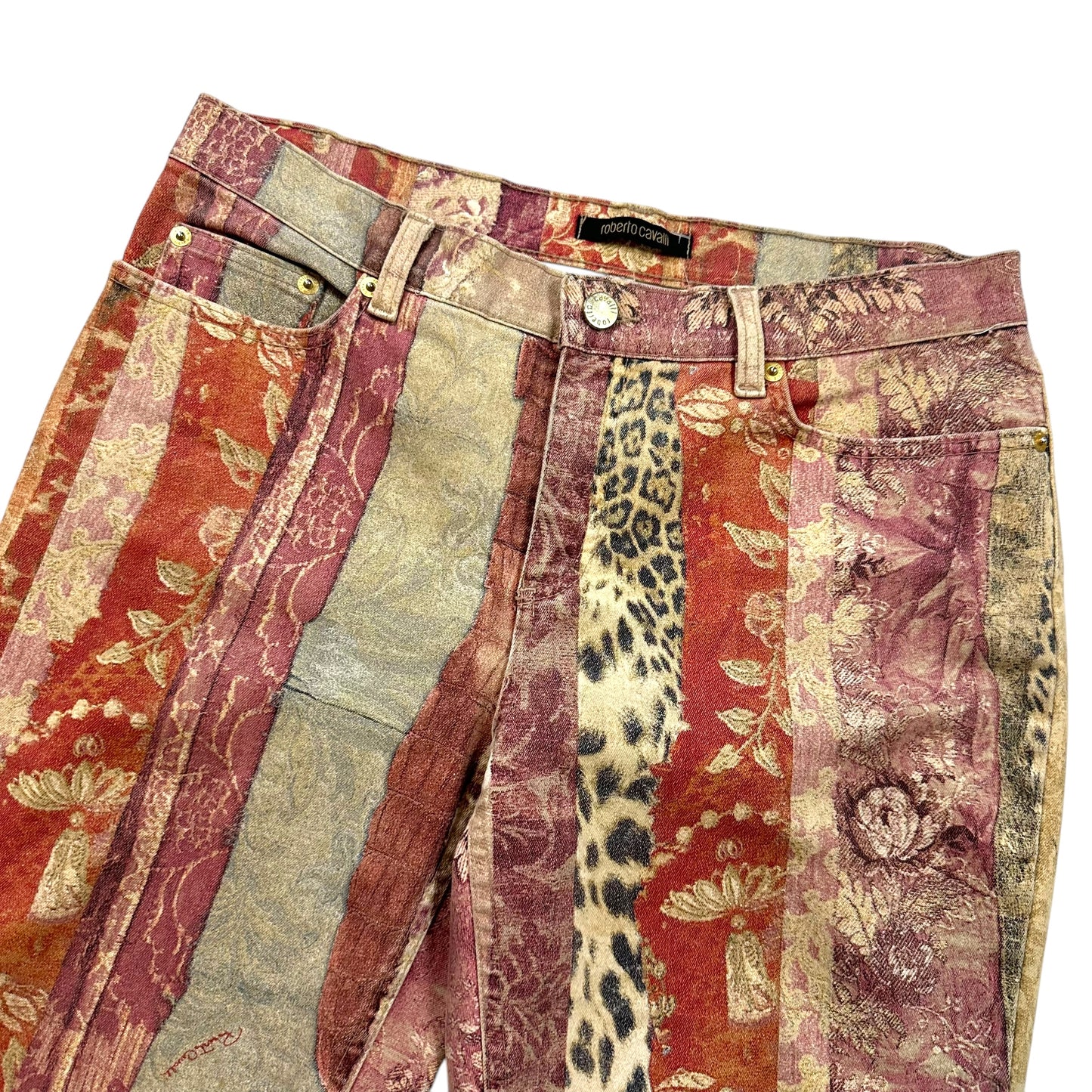 Roberto Cavalli 2005 Patchwork Printed Jeans w/ Suede Patches