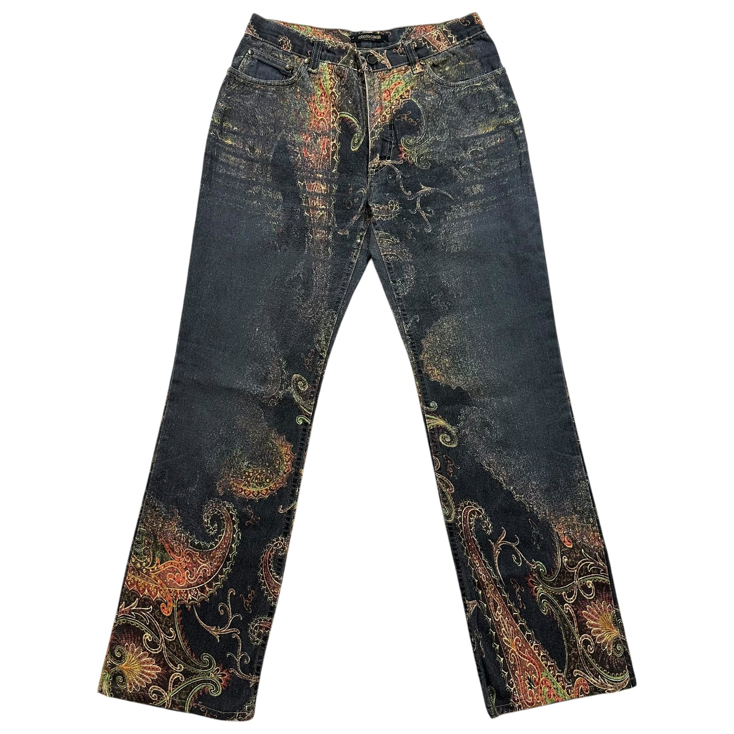 Roberto Cavalli Black Multicolor Paisley Printed Jeans