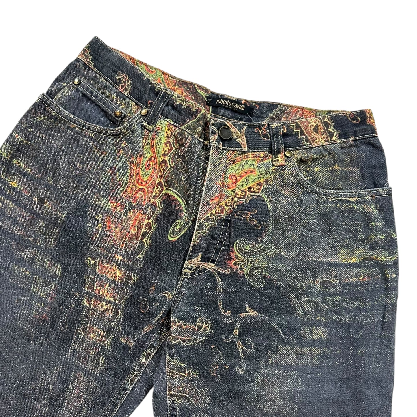 Roberto Cavalli Black Multicolor Paisley Printed Jeans