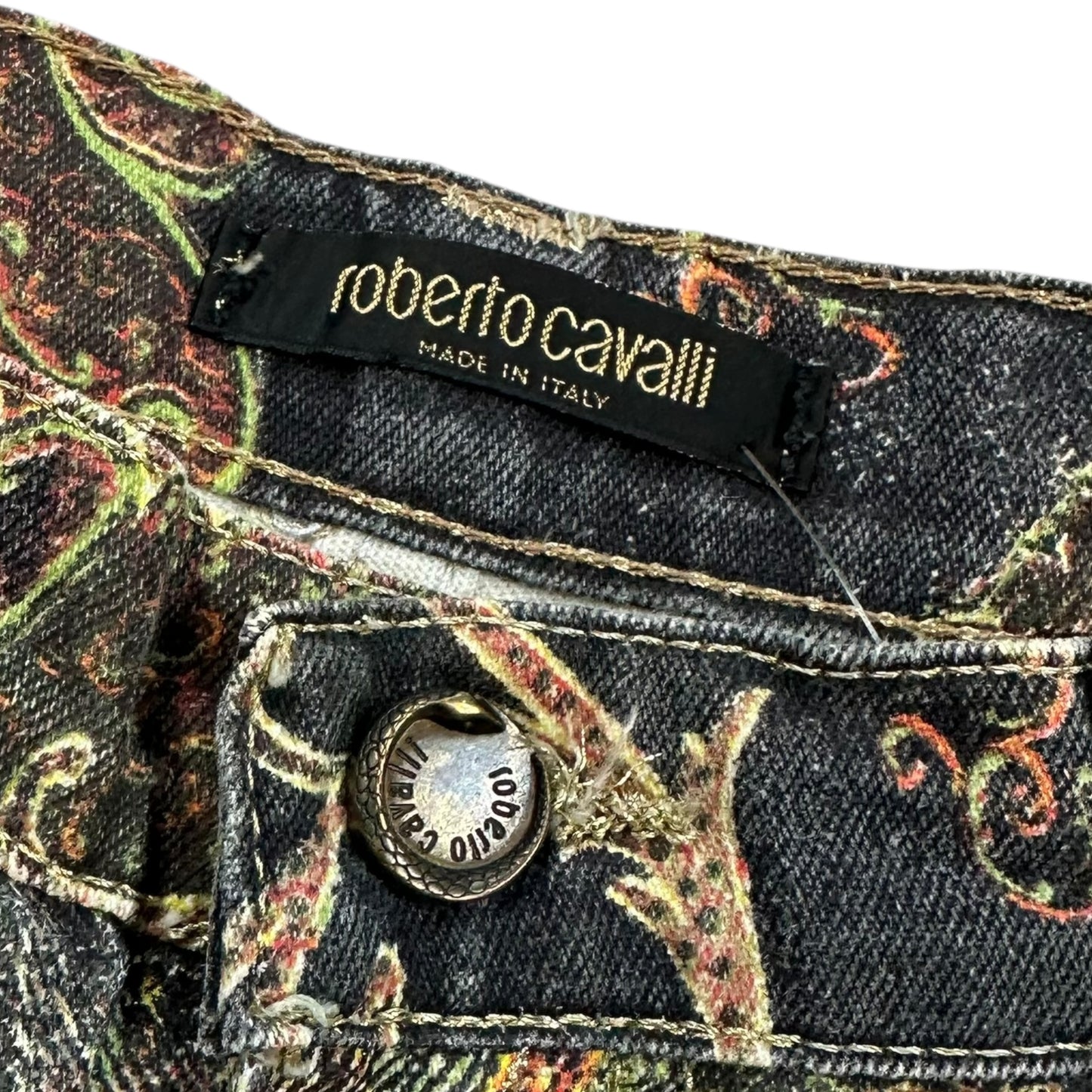 Roberto Cavalli Black Multicolor Paisley Printed Jeans