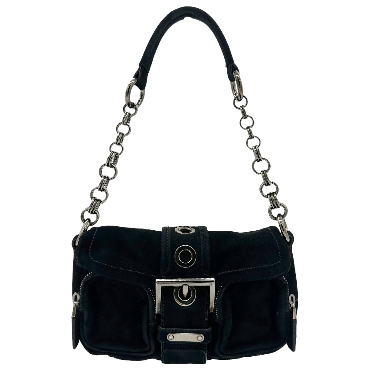 Prada Black Suede Buckled Mini Shoulder Bag