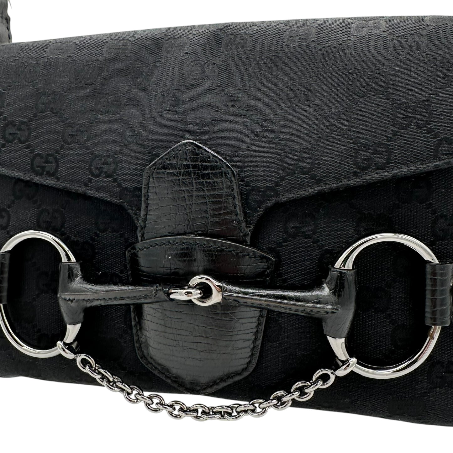 Gucci Black Monogram Canvas Horsebit Flap Shoulder Bag