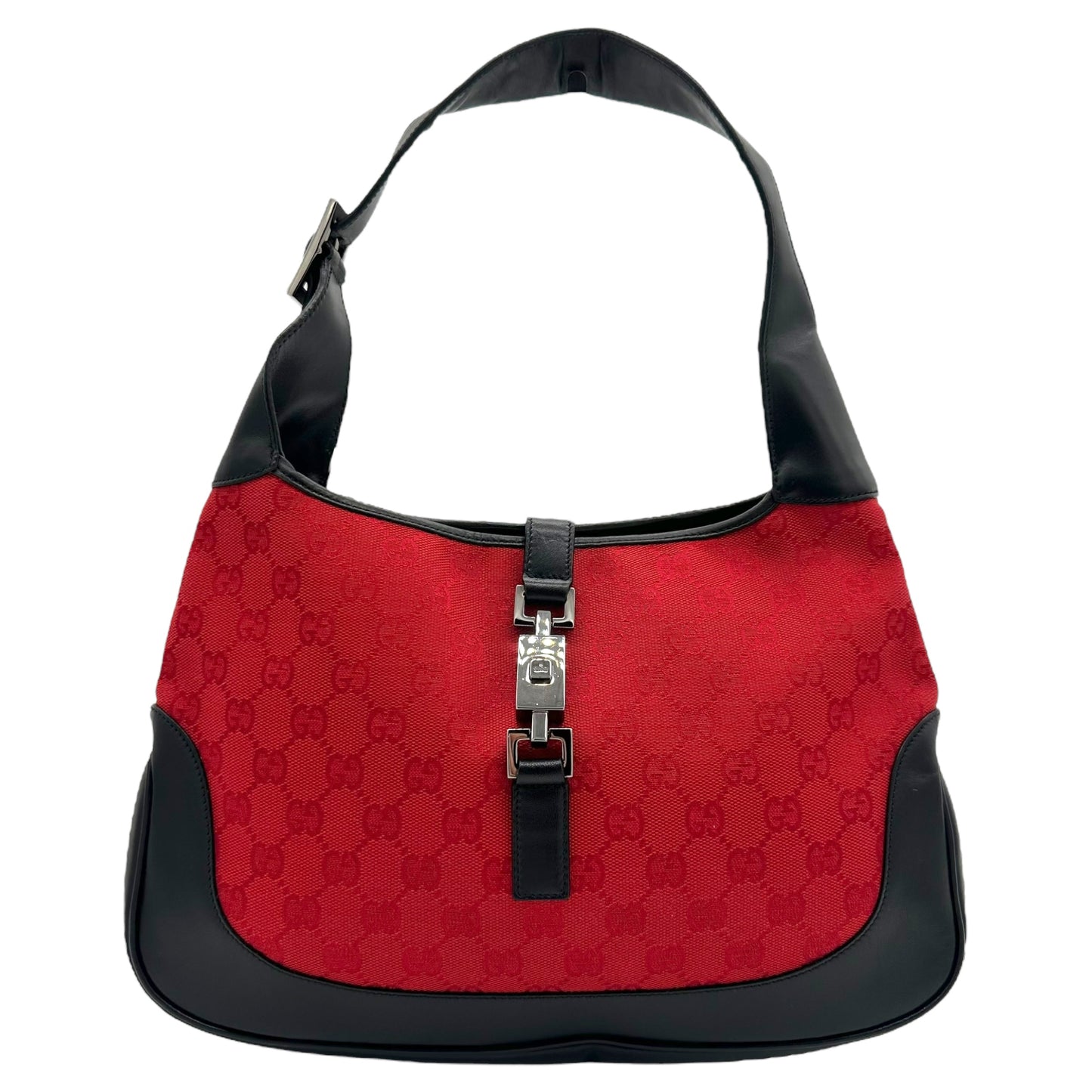 Gucci Red Monogram & Black Leather Jackie Shoulder Bag