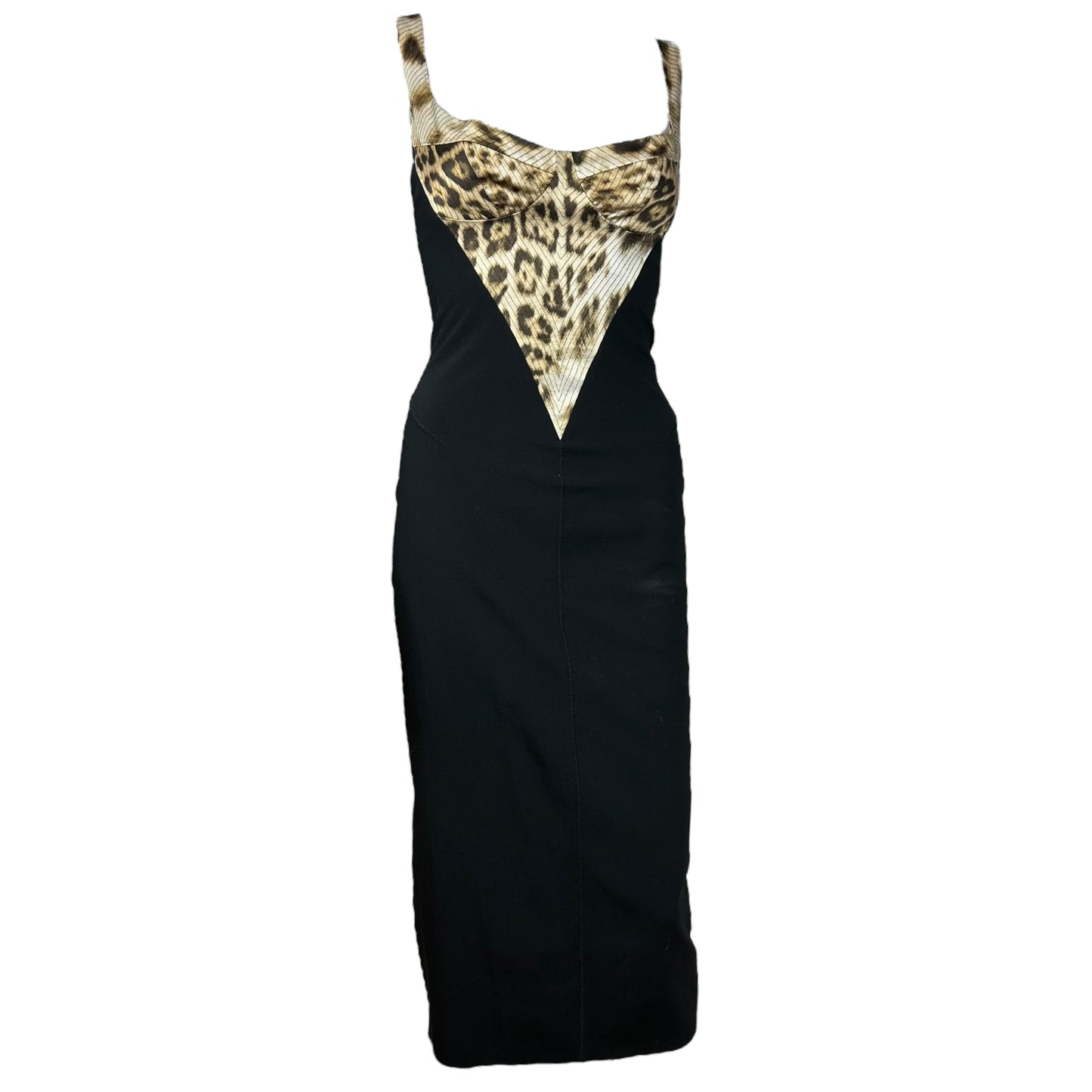 Roberto Cavalli Black Lace Up Leopard Bustier Black Midi Dress