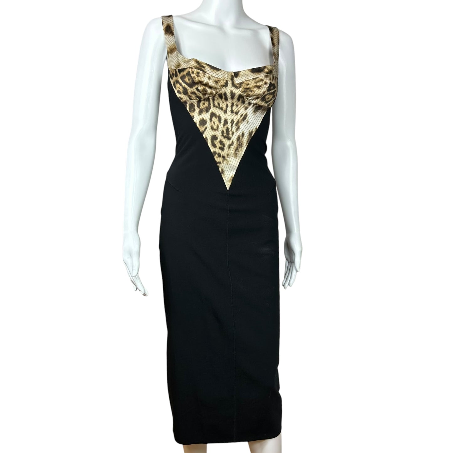 Roberto Cavalli Black Lace Up Leopard Bustier Black Midi Dress