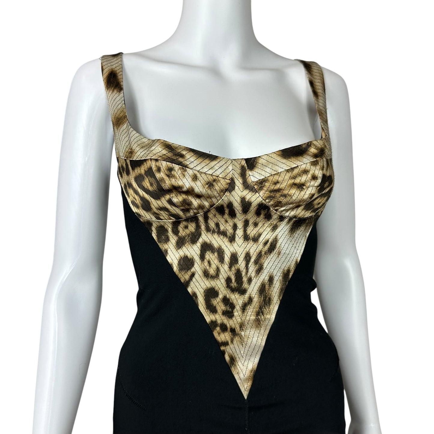 Roberto Cavalli Black Lace Up Leopard Bustier Black Midi Dress