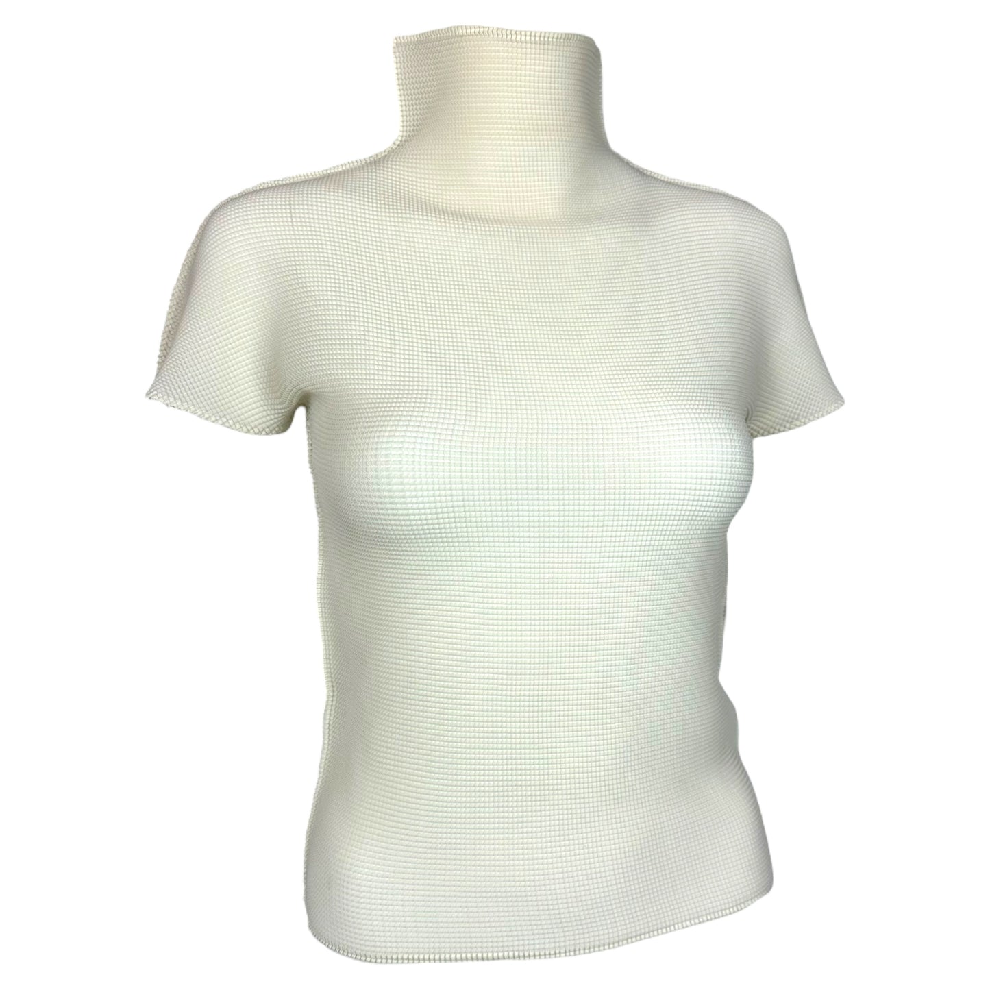 Issey Myiake Me Ivory Textured Short Sleeve Turtleneck Top