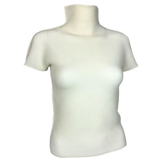 Issey Myiake Me Ivory Textured Short Sleeve Turtleneck Top