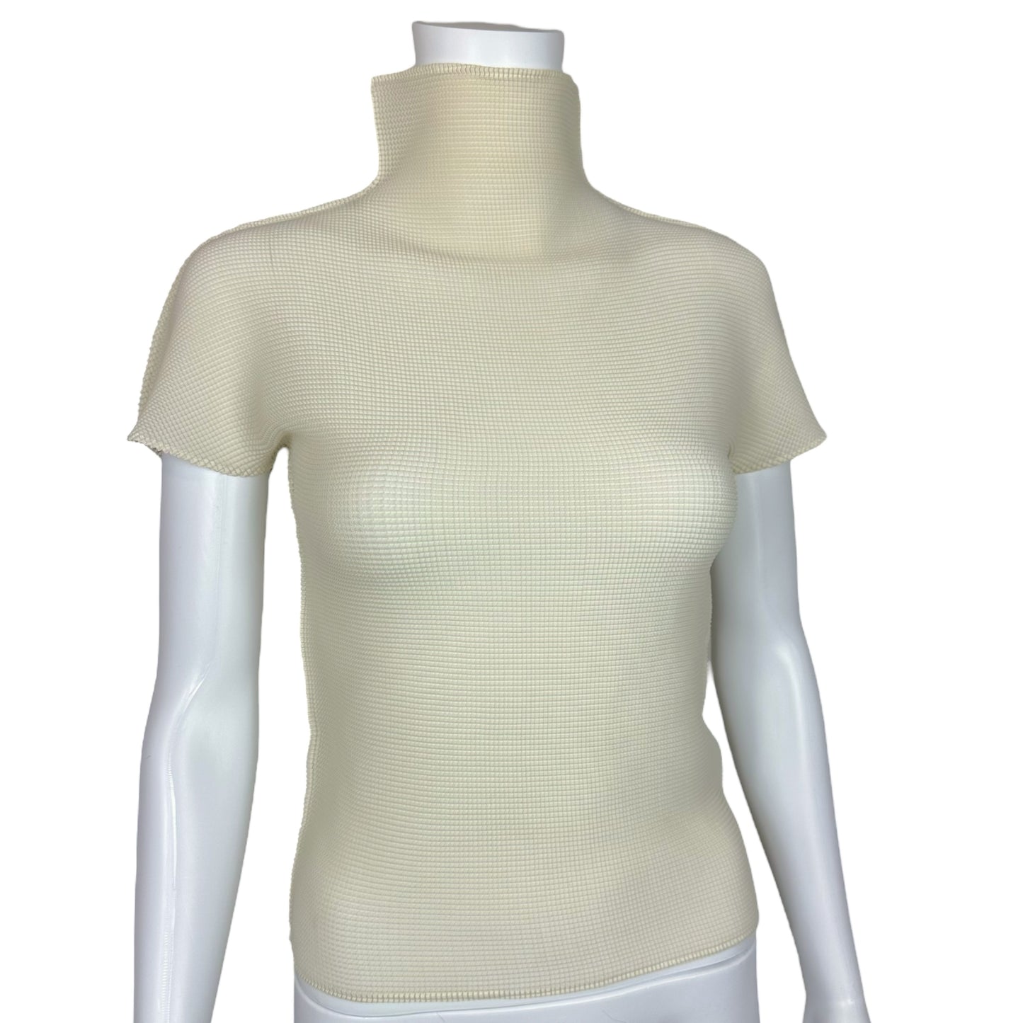 Issey Myiake Me Ivory Textured Short Sleeve Turtleneck Top