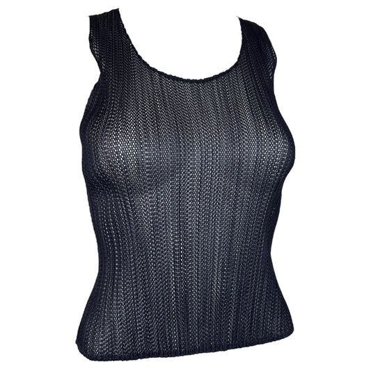 Issey Miyake Pleats Please Navy Blue Pleated Mesh Tank Top