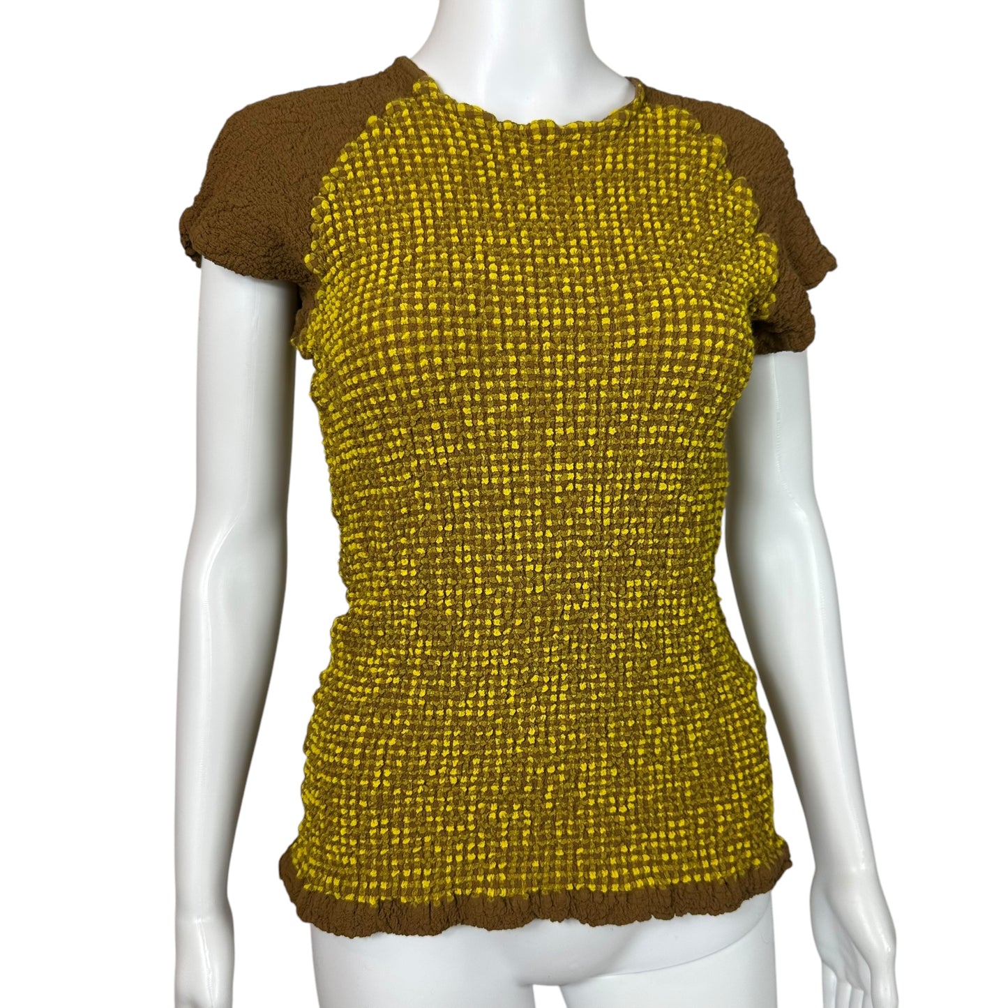 Issey Miyake me Green & Brown Gingham Baseball Style Textured T-Shirt