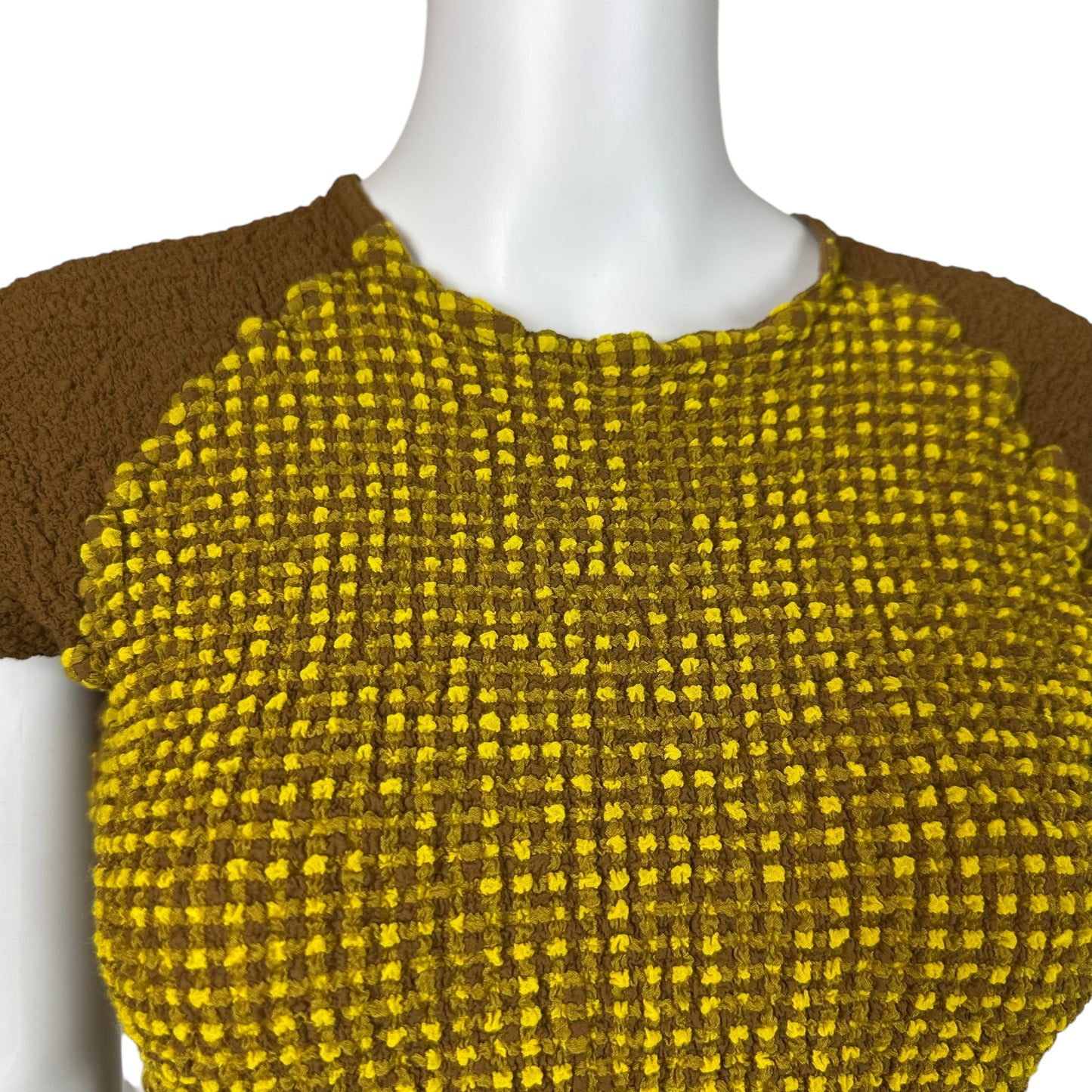 Issey Miyake me Green & Brown Gingham Baseball Style Textured T-Shirt