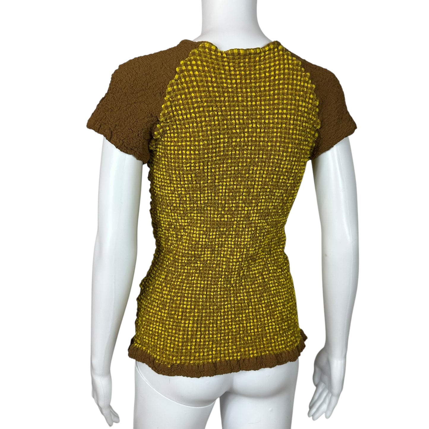 Issey Miyake me Green & Brown Gingham Baseball Style Textured T-Shirt