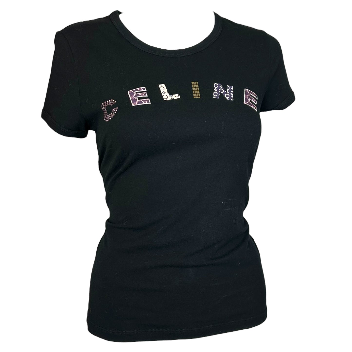 Celine Black Rhinestone Logo T-Shirt