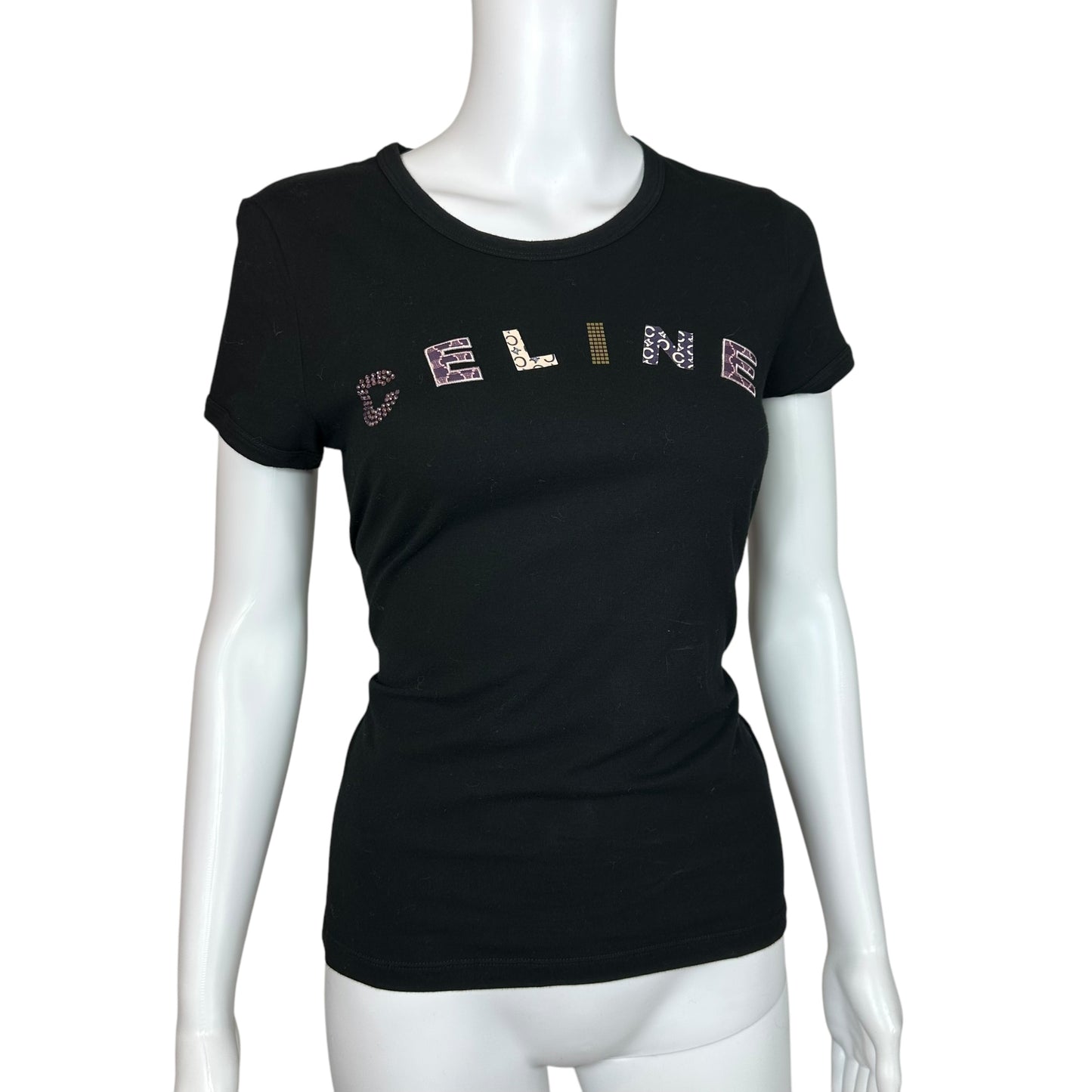 Celine Black Rhinestone Logo T-Shirt