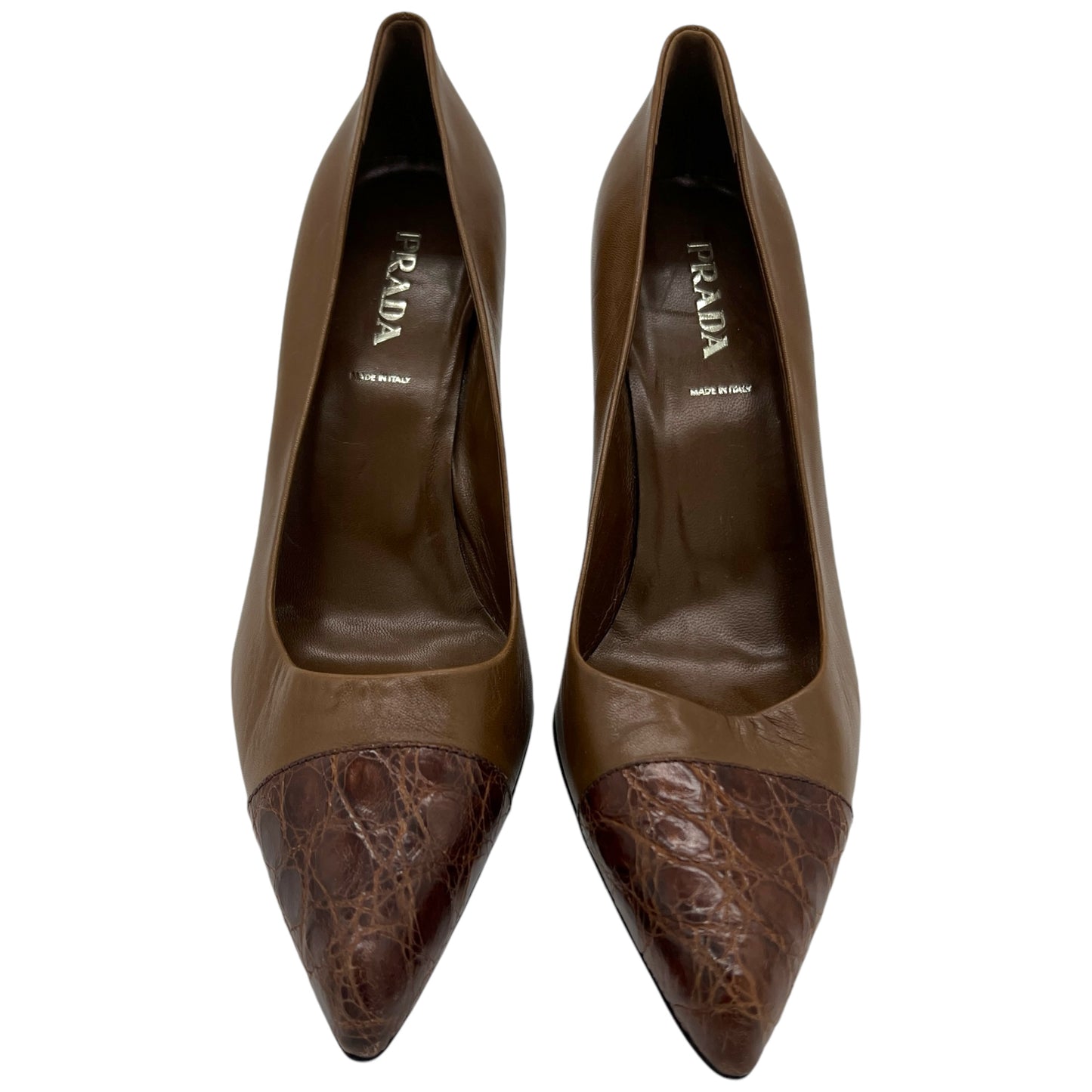 Prada Brown Leather Croc Toe Heels