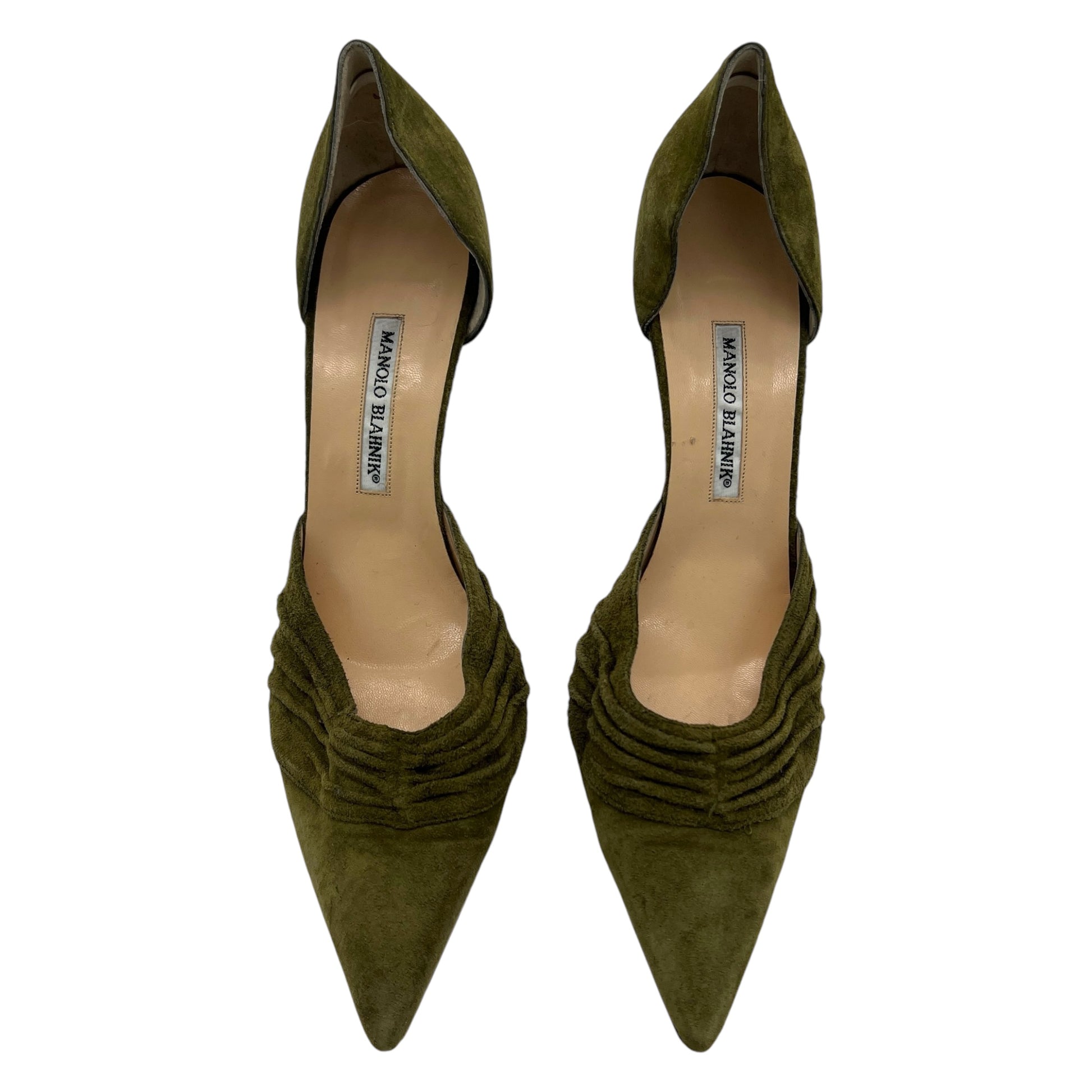 Manolo Blahnik Khaki Green Suede D'Orsay Heels - Outfit Repeater