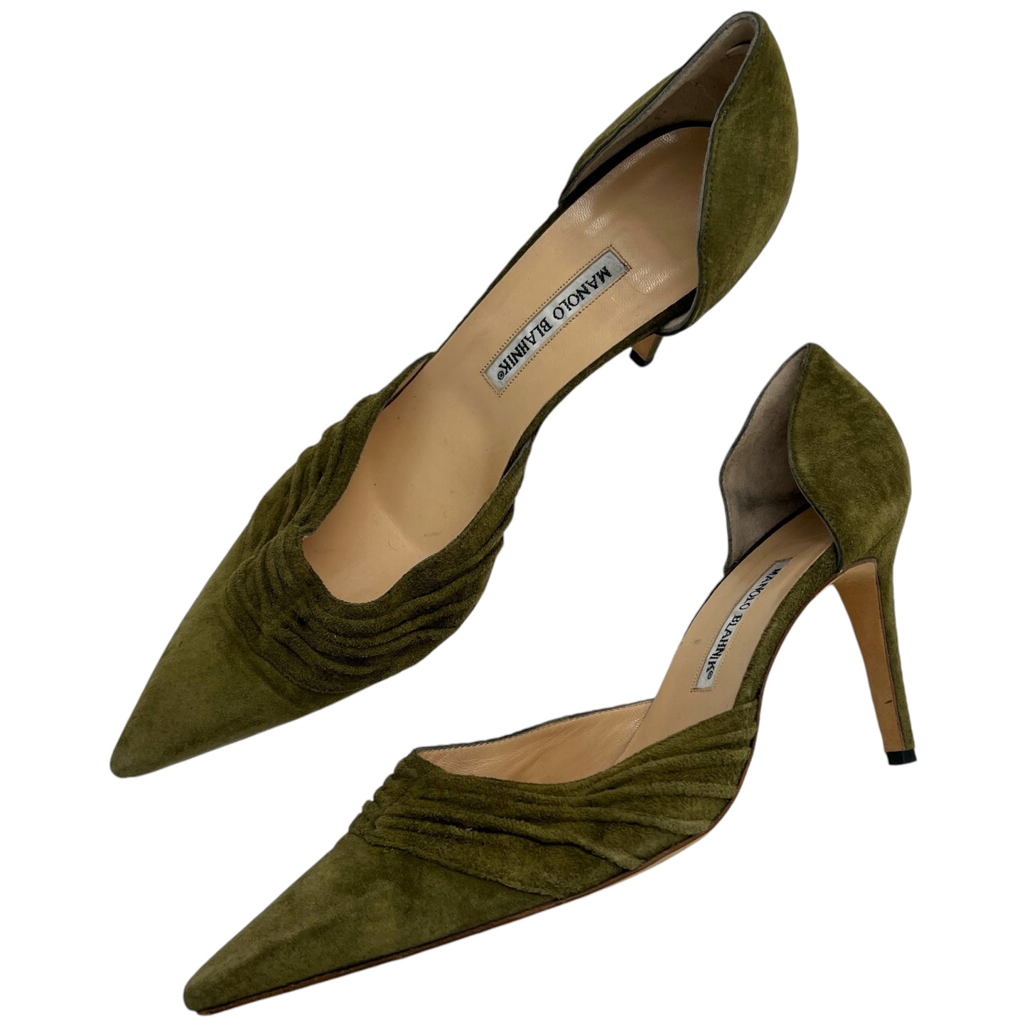 Manolo Blahnik Khaki Green Suede D'Orsay Heels - Outfit Repeater