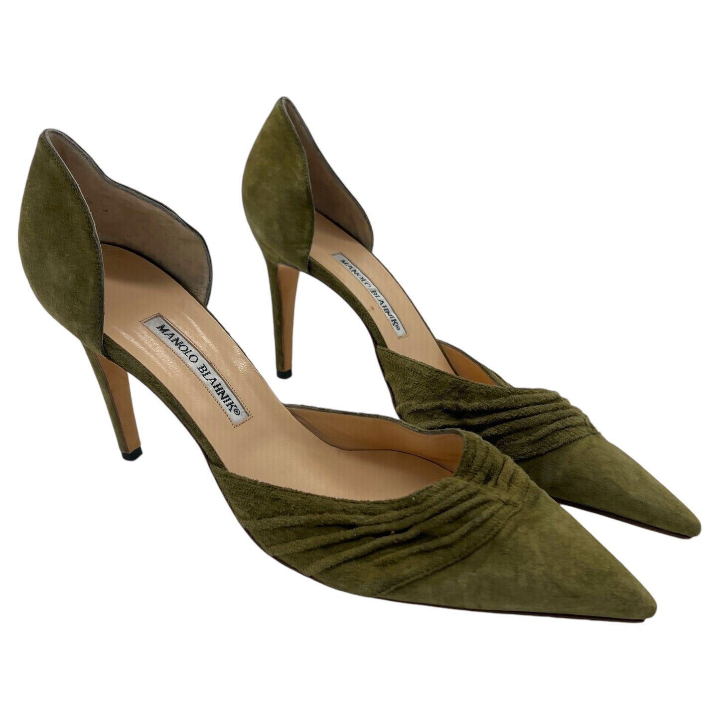 Manolo Blahnik Khaki Green Suede D'Orsay Heels - Outfit Repeater