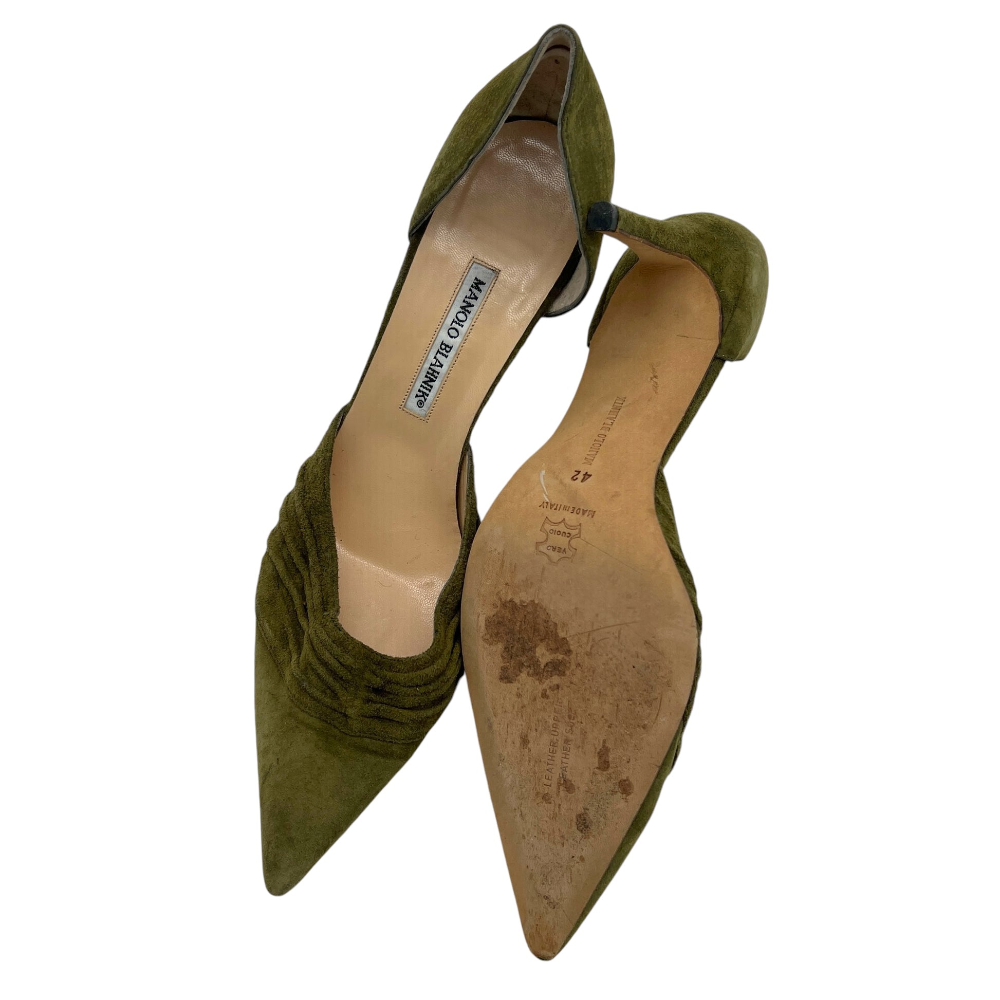Manolo Blahnik Khaki Green Suede D'Orsay Heels - Outfit Repeater