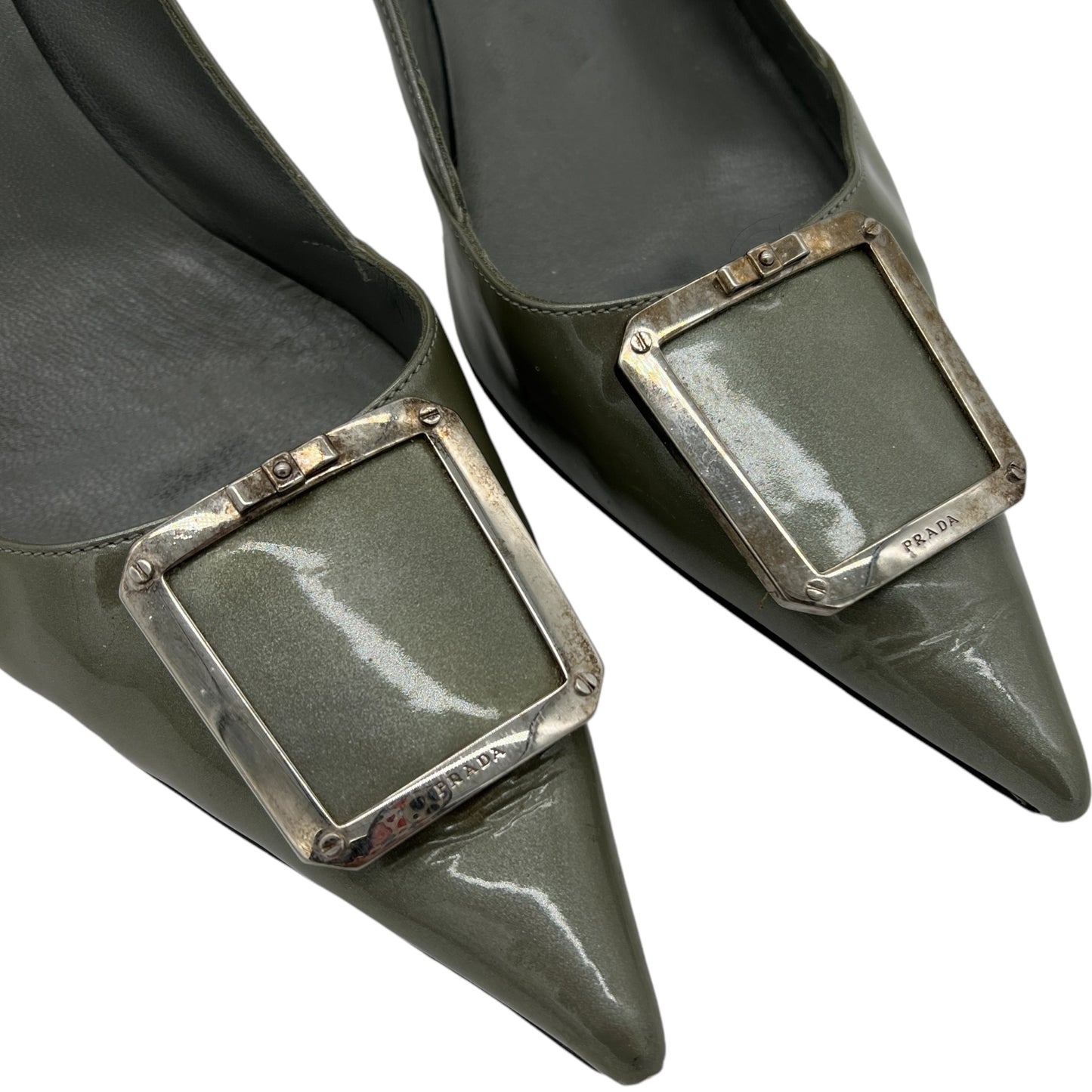 Prada Metallic Patent Leather Buckle Toe Heels - Outfit Repeater