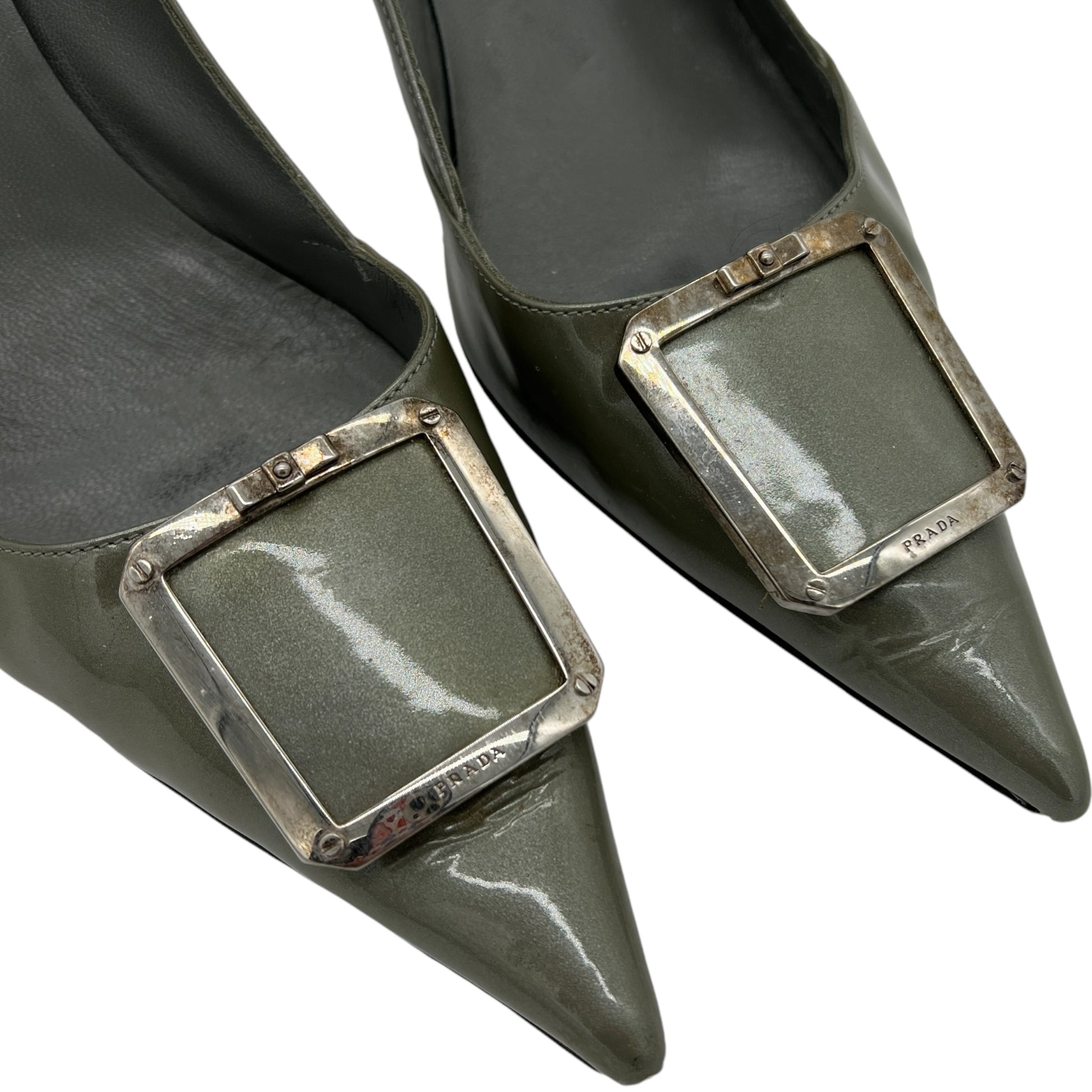 Prada Metallic Patent Leather Buckle Toe Heels - Outfit Repeater