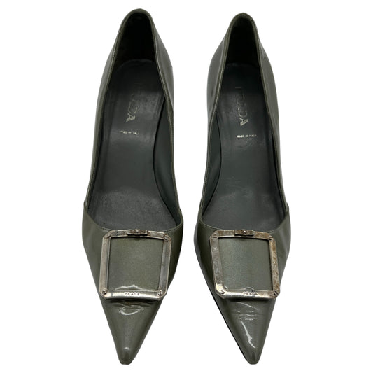 Prada Metallic Patent Leather Buckle Toe Heels