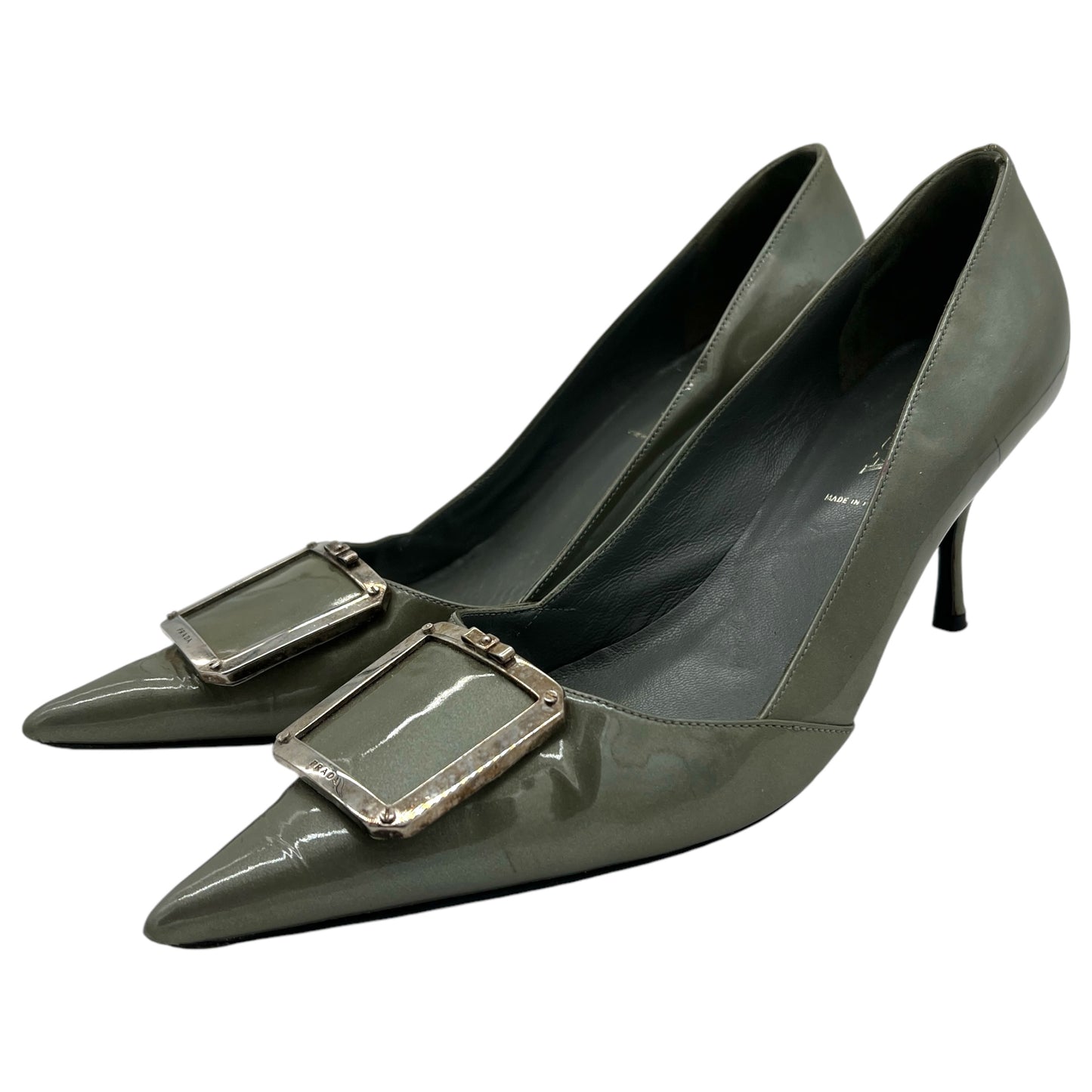 Prada Metallic Patent Leather Buckle Toe Heels - Outfit Repeater
