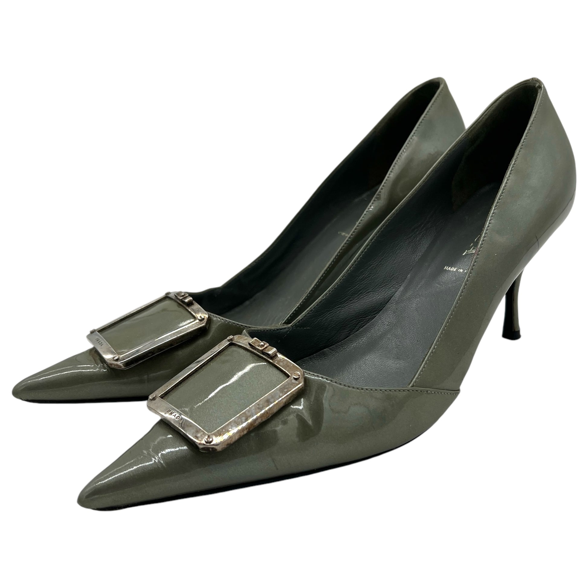 Prada Metallic Patent Leather Buckle Toe Heels - Outfit Repeater