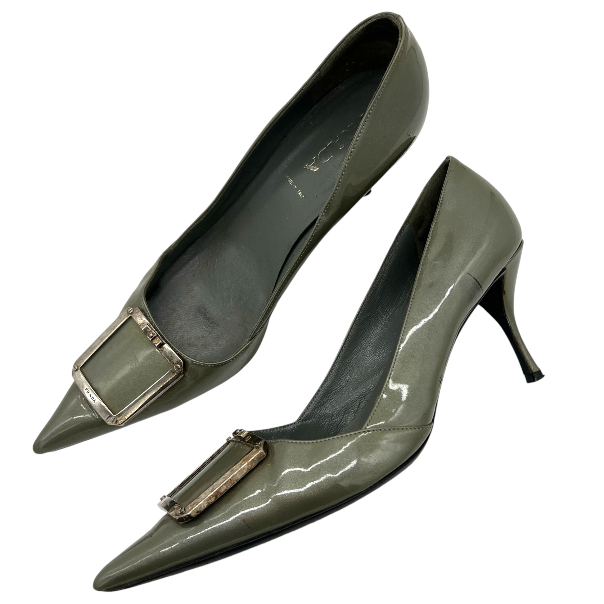 Prada Metallic Patent Leather Buckle Toe Heels - Outfit Repeater