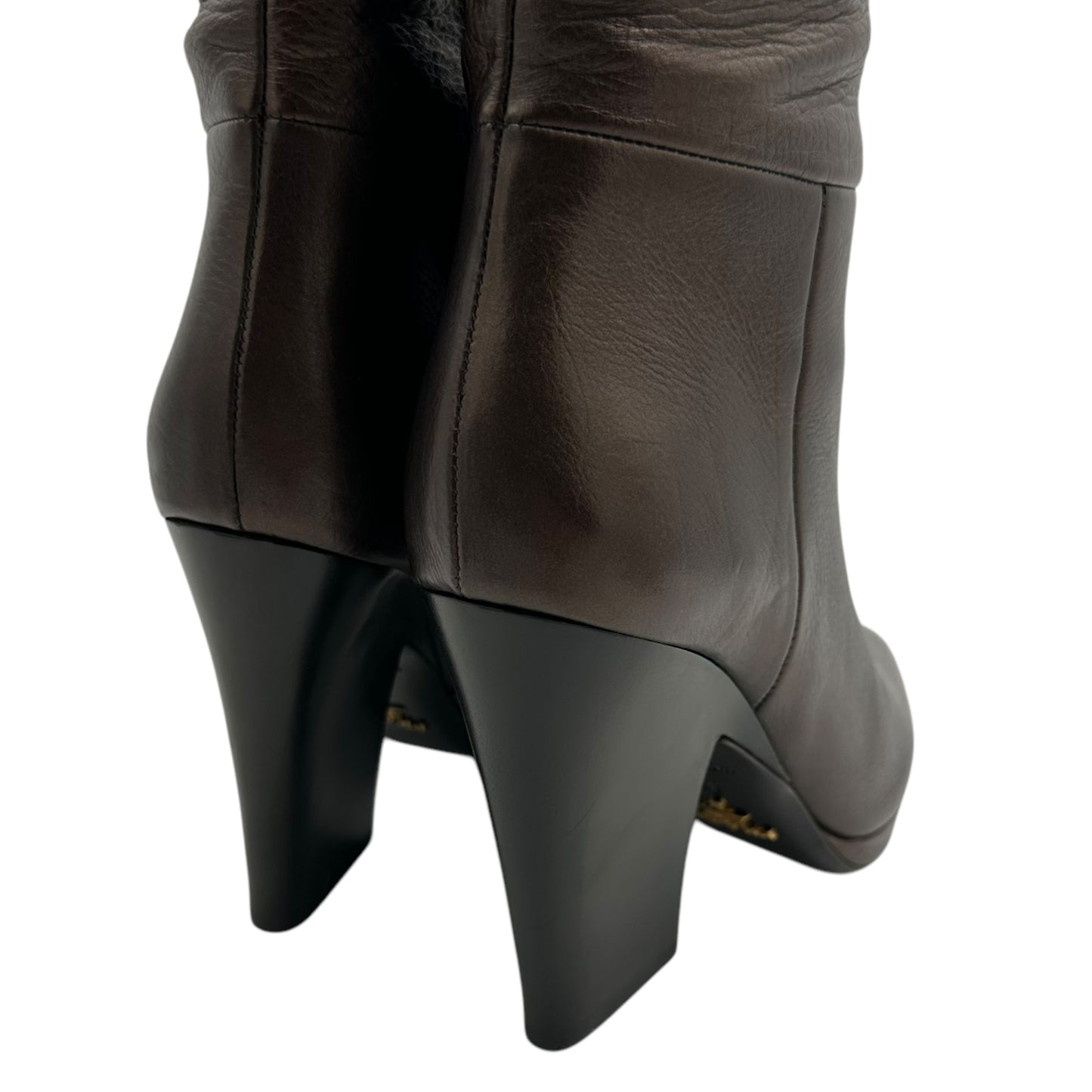 Prada Brown Leather Pointed Toe Heeled Boots