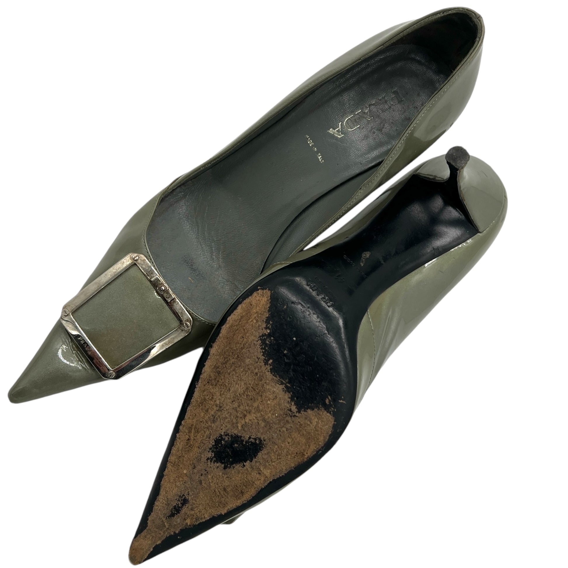 Prada Metallic Patent Leather Buckle Toe Heels - Outfit Repeater