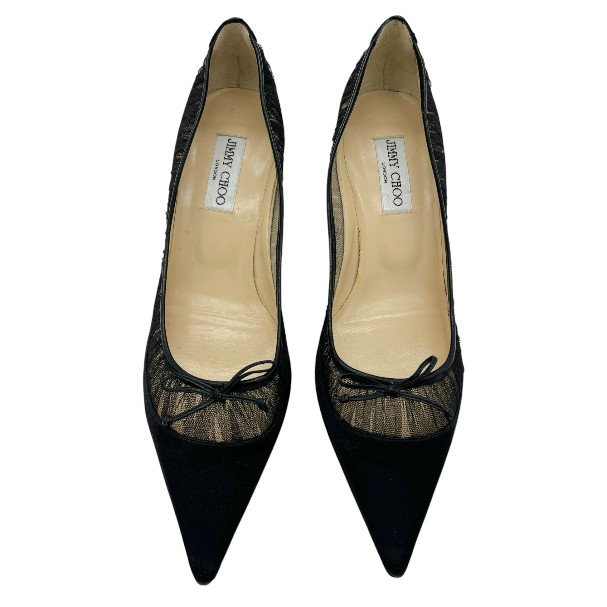 Jimmy Choo Black Tulle Trim Satin Kitten Heels - Outfit Repeater