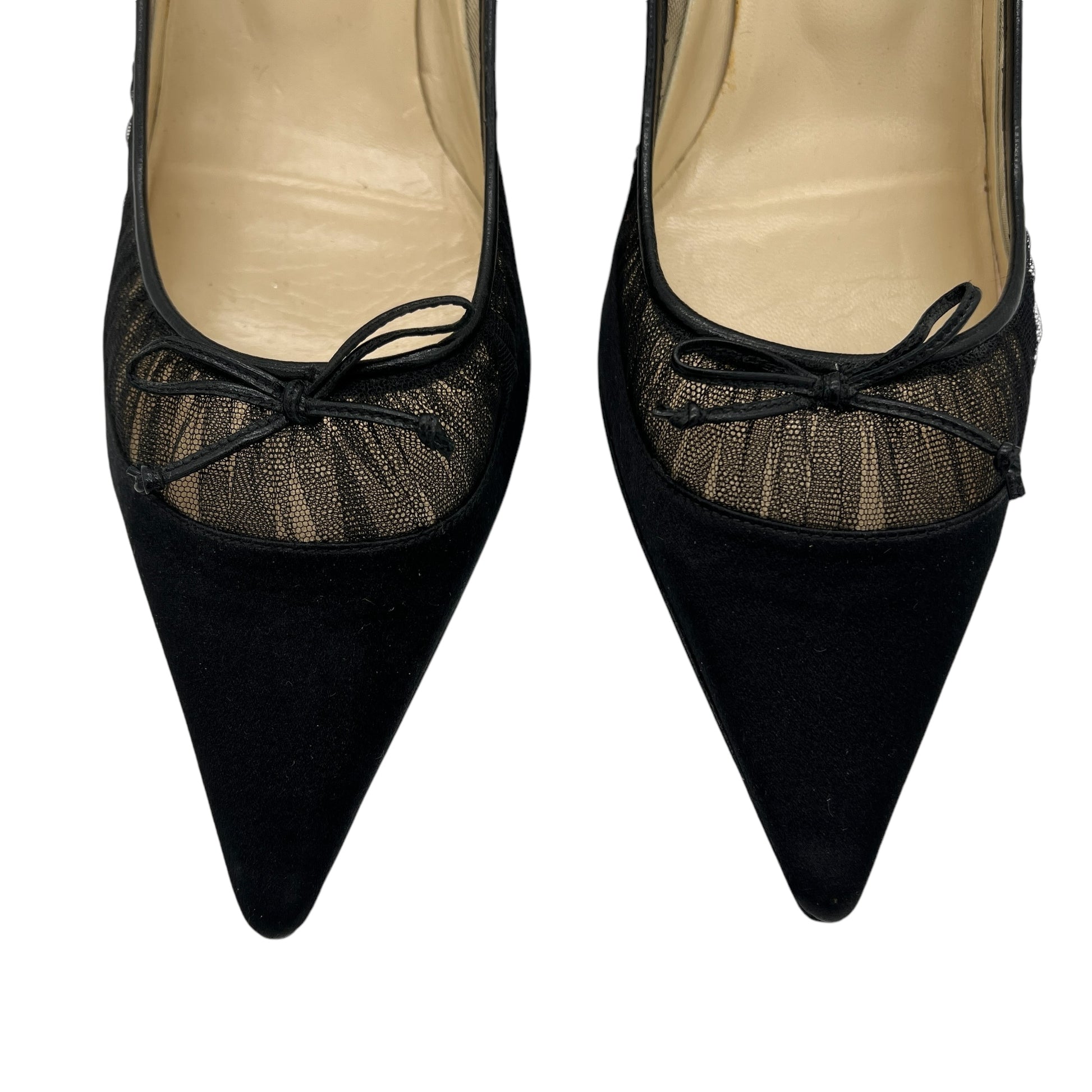 Jimmy Choo Black Tulle Trim Satin Kitten Heels - Outfit Repeater