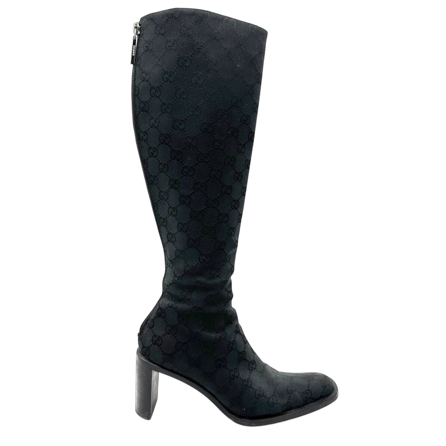 Gucci Black Monogram Canvas Knee High Boots