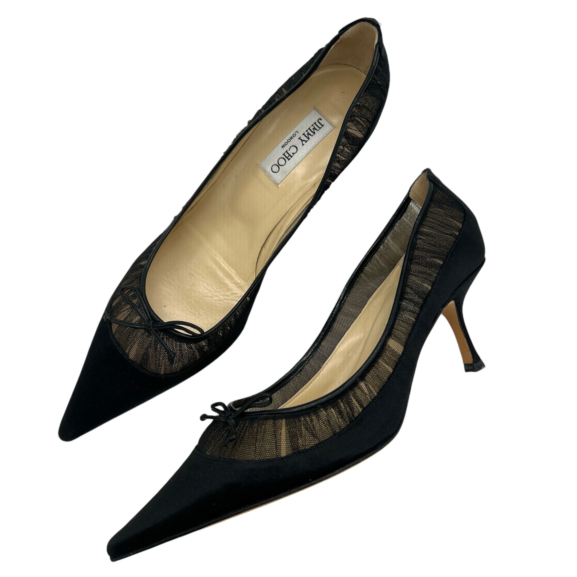 Jimmy Choo Black Tulle Trim Satin Kitten Heels - Outfit Repeater