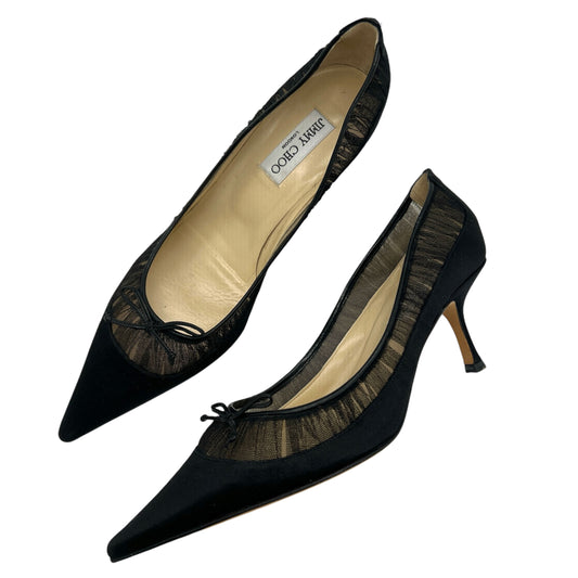 Jimmy Choo Black Tulle Trim Satin Kitten Heels - Outfit Repeater