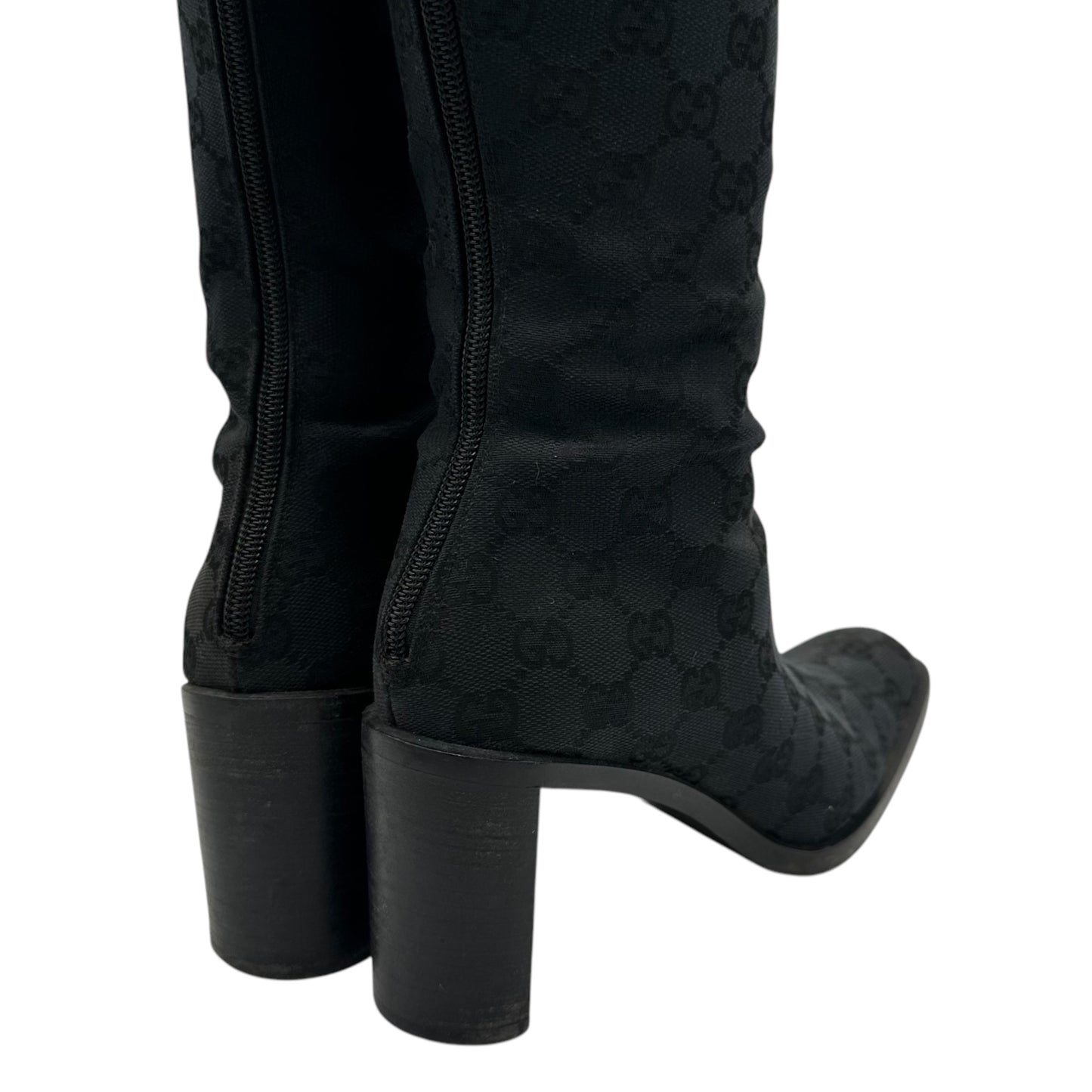 Gucci Black Monogram Canvas Knee High Boots