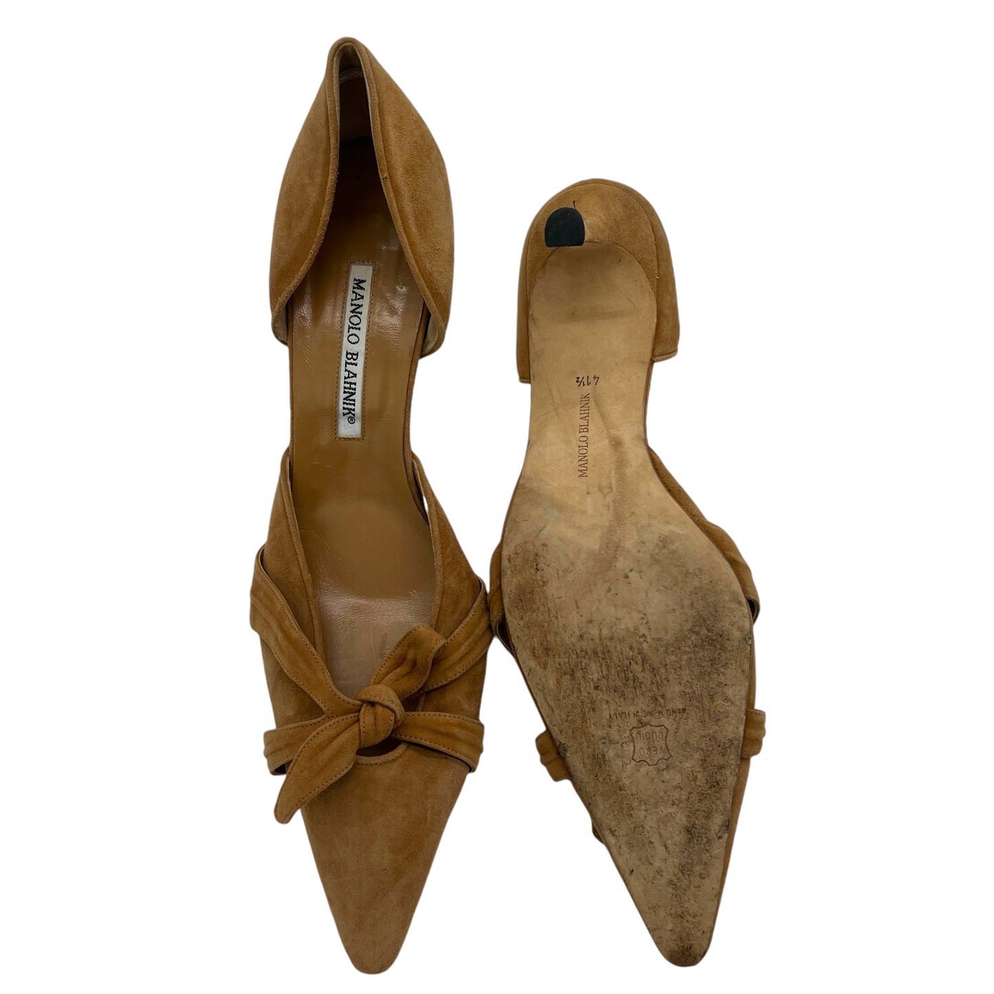 Manolo Blahnik Tan Suede Knot D'Orsay Heels